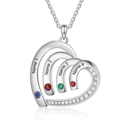 Collier Pendentif Cœur 4 Prénoms Personnalisés avec Pierre de naissance pour Femmes