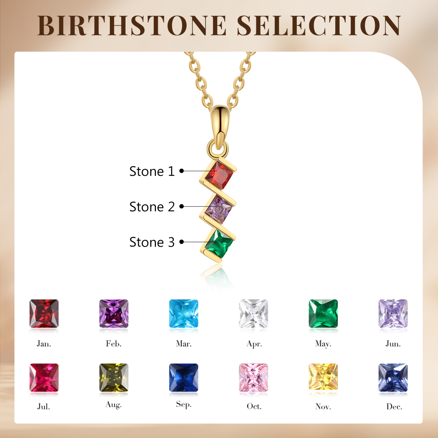 Collier Femmes 3 Pierres de Naissance Personnalisés