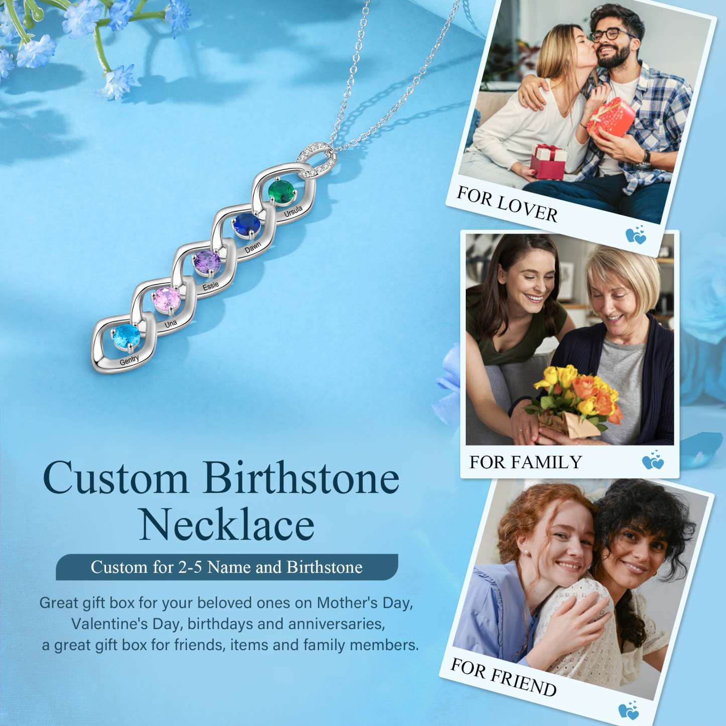 Collier Pendentif 5 Prénoms Personnalisés avec Pierre de naissance pour Femmes