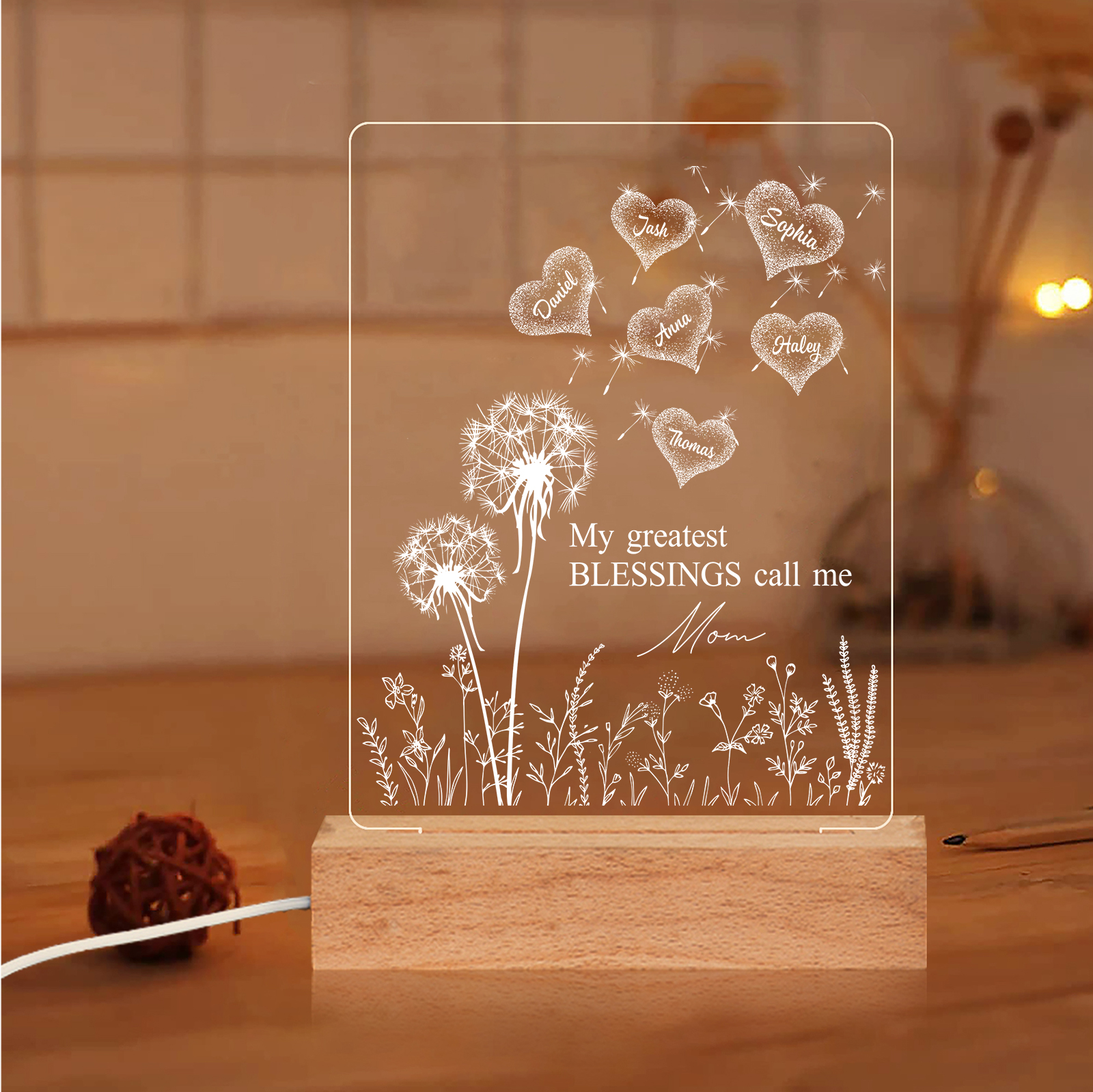 À Maman/Mamie - Lampe de chevet LED Pissenlit 6 Prénoms Personnalisés avec 2 Textes pour Famille