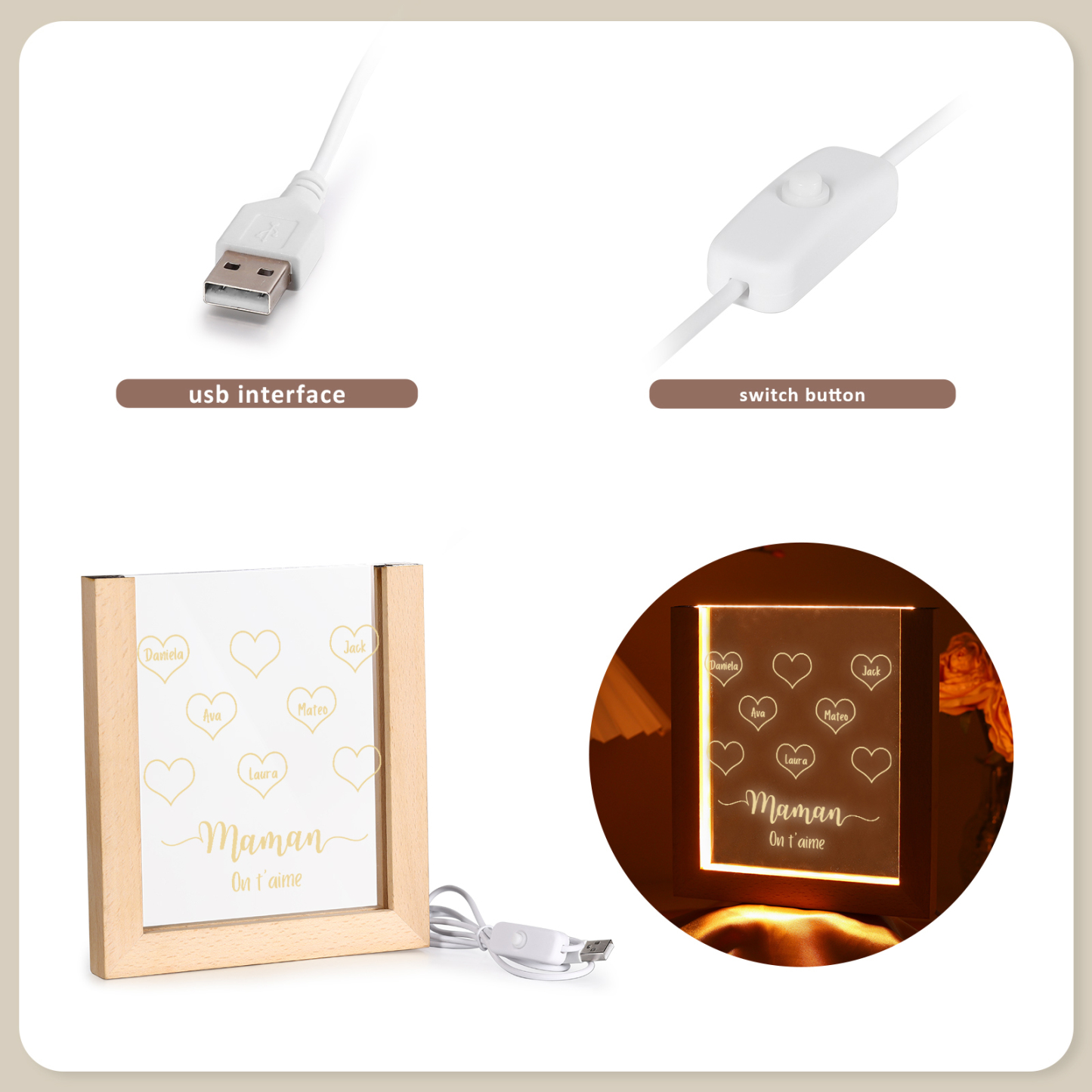 À Maman/Mamie - Lampe de chevet LED Cœurs 5 Prénoms Personnalisés avec 1 Texte