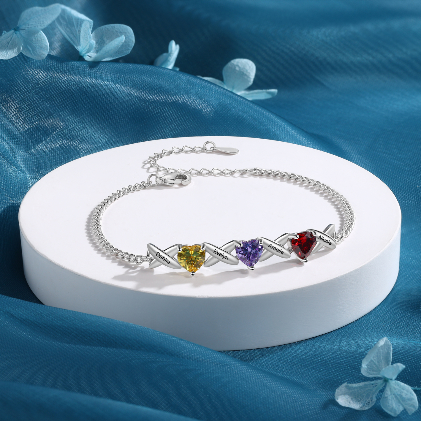 Bracelet Femmes 4 Prénoms Personnalisés avec 3 Pierres de Naissance