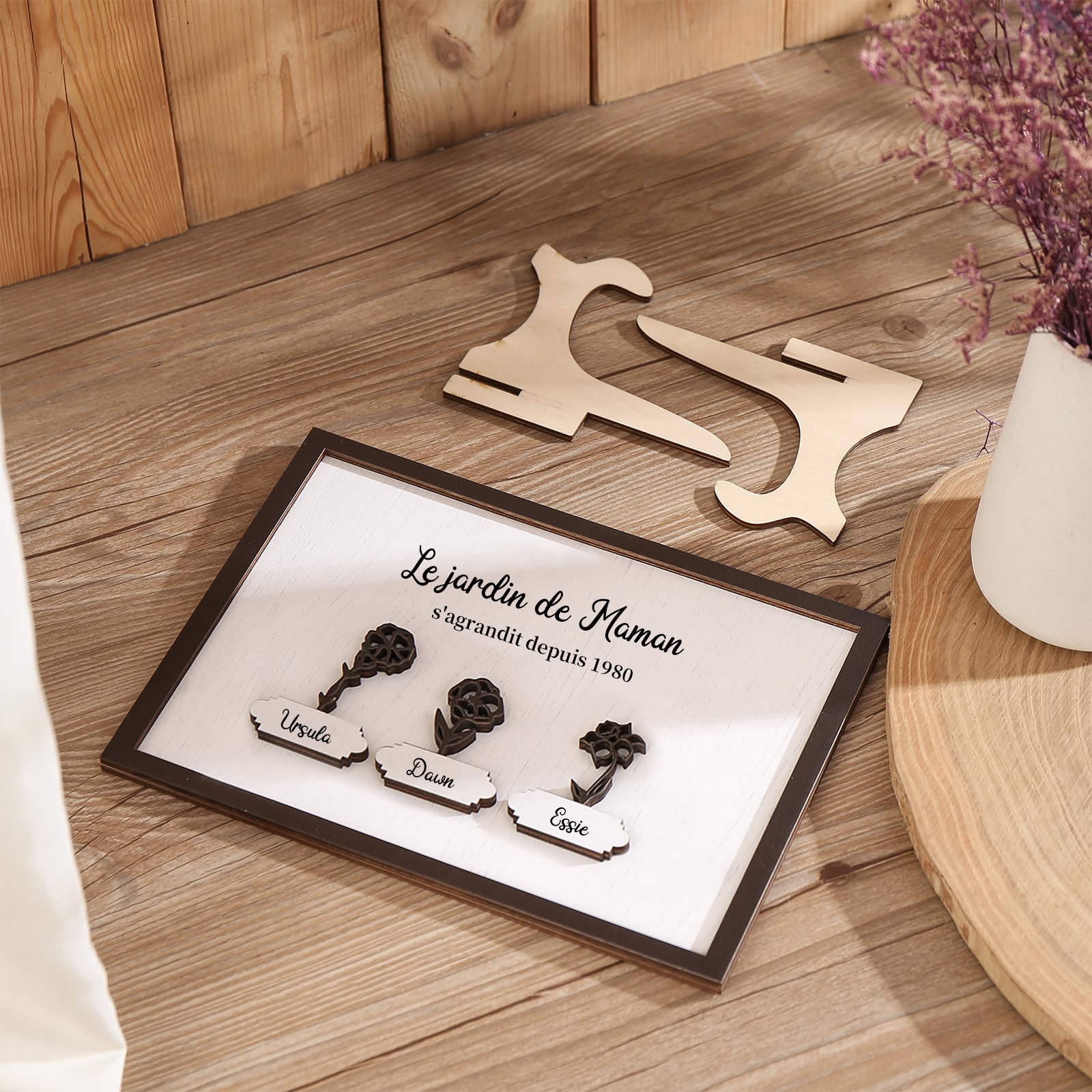 À ma Maman - Décoration en bois Fleurs 3 Prénoms Personnalisés avec Fleurs de naissance Ornement pour Famille