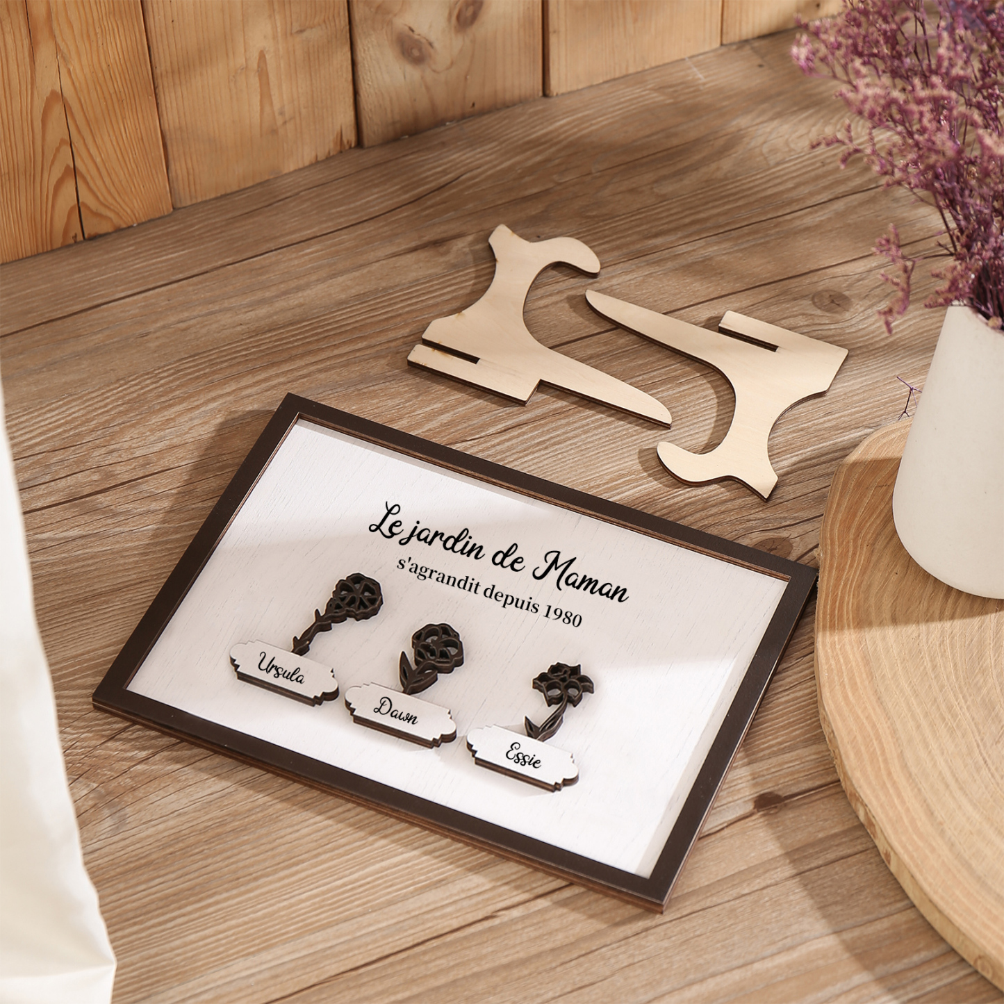 À ma Maman - Décoration en bois Fleurs 3 Prénoms Personnalisés avec Fleurs de naissance Ornement pour Famille