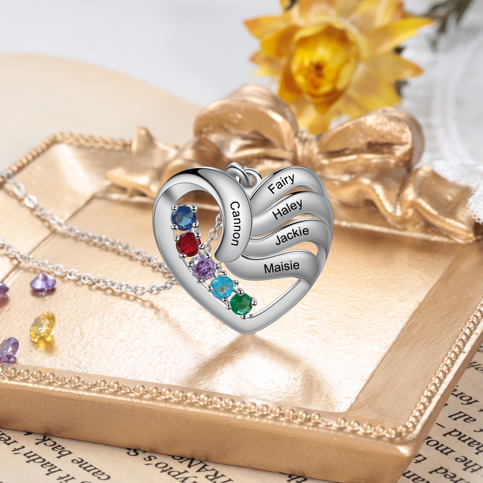 Collier Coeur Personnalisé avec 5 Prénoms 5 pierre de naissance｜Jessemade