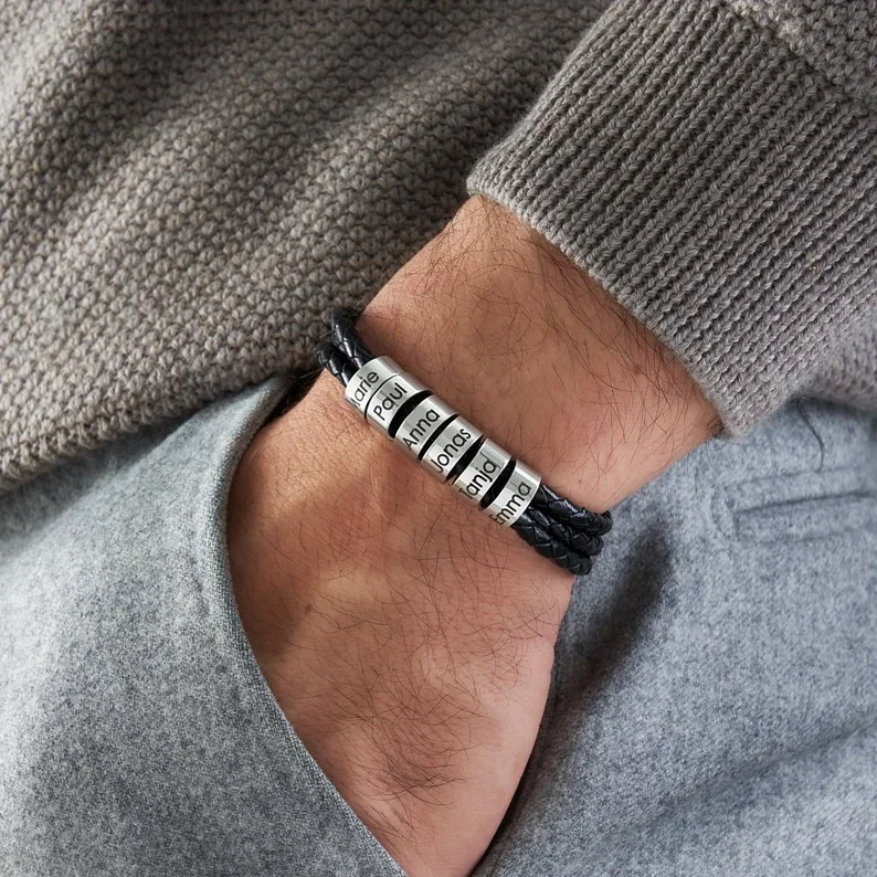À mon Papa - Bracelet Cuir tressé 6 Perles et Prénoms Personnalisés Bracelet Hommes