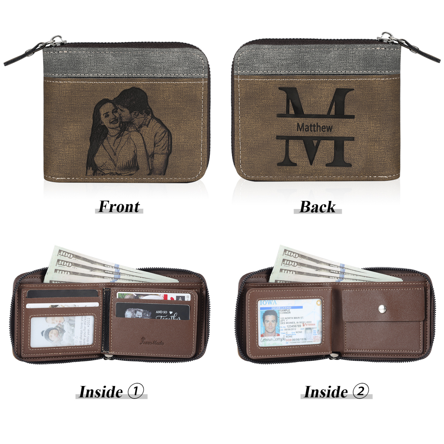 Portefeuille Classique 1 Prénom et Lettre Personnalisés avec Photo Porte-Monnaie Carte