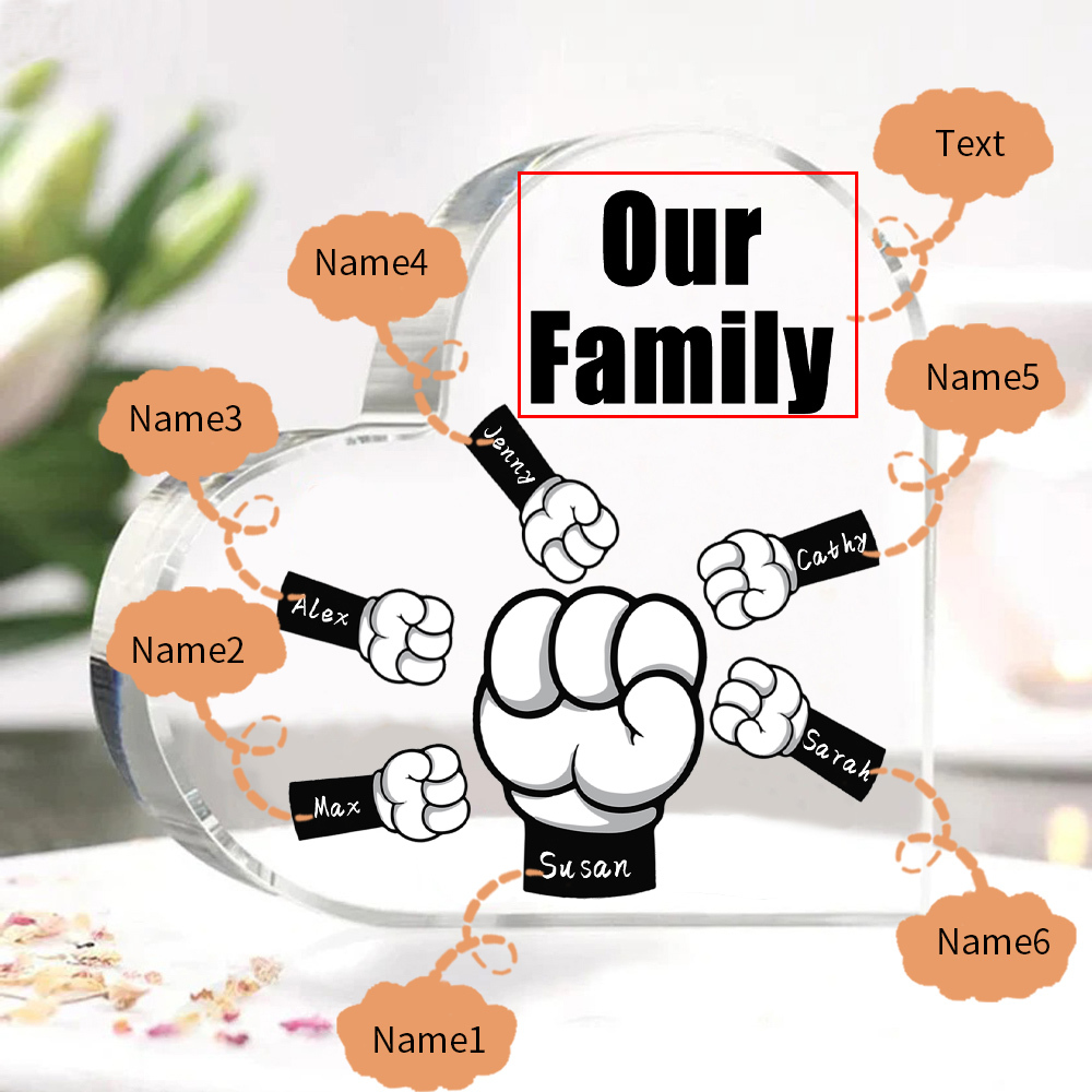 À mon Papa/Maman - Plaque Acrylique en Forme de Cœur Poings 6 Prénoms Personnalisés avec 1 Texte