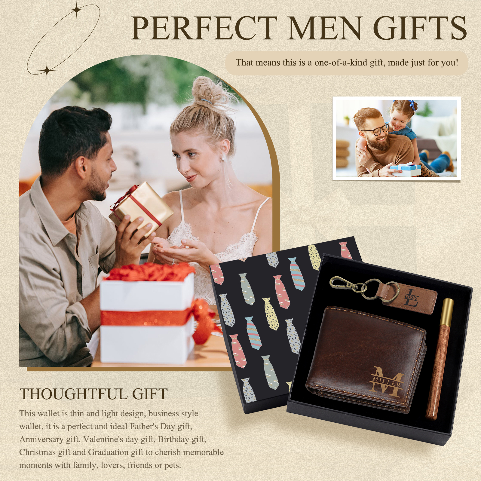 Coffret Cadeau 3PCS - Portefeuille classique Porte-Clés et Stylo 2 Textes Personnalisés avec 2 Prénoms et Lettres Coffret Cadeau pour Homme