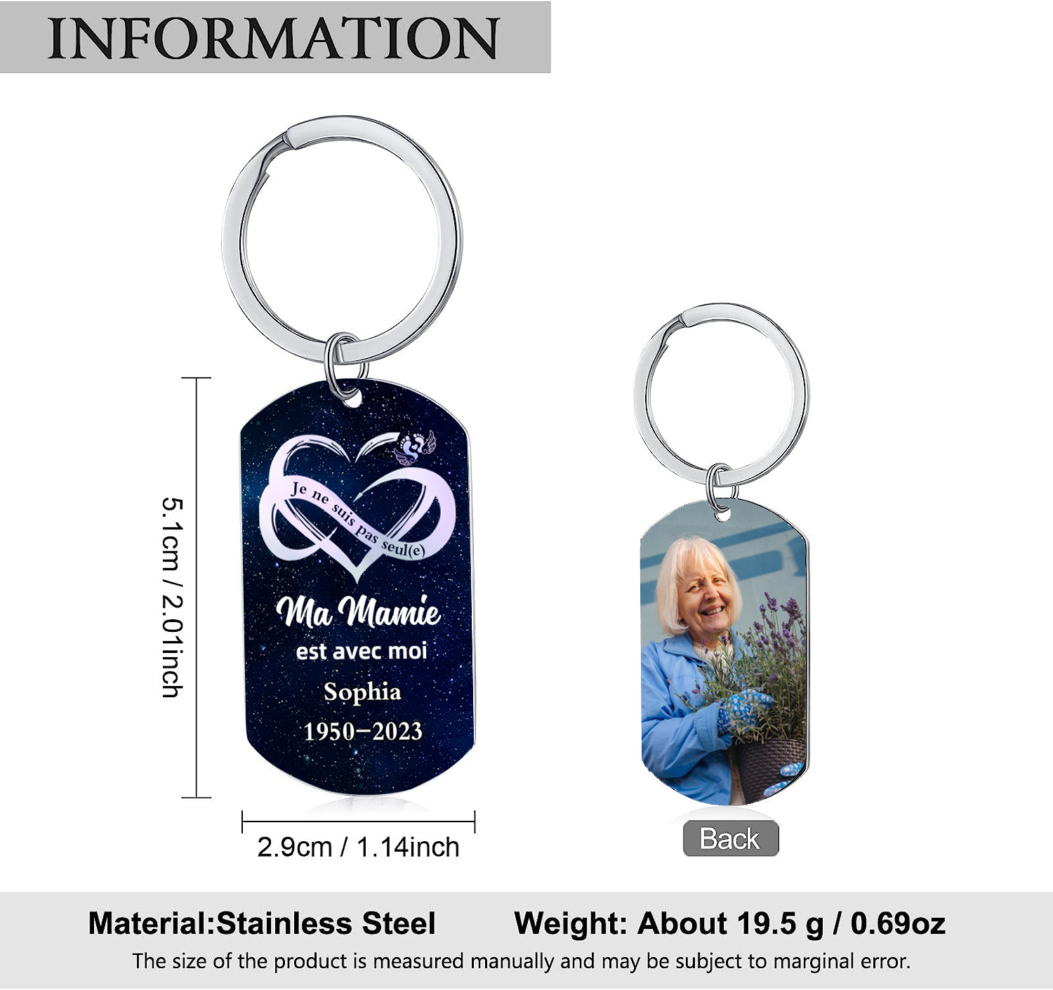 Porte-Clés Commémoratif 1 Prénom et Photo Personnalisés avec Date et Texte