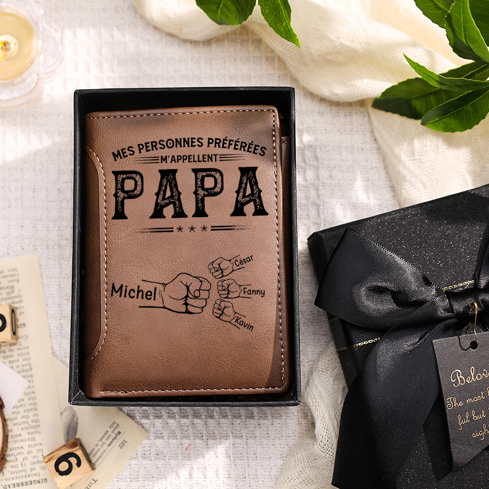 Portefeuille personnalisé Papa cuir PU personnalisable 1 à 6 prénoms et poings cadeau Fête des Pères anniversaire pour papa et grand père | Jessemade
