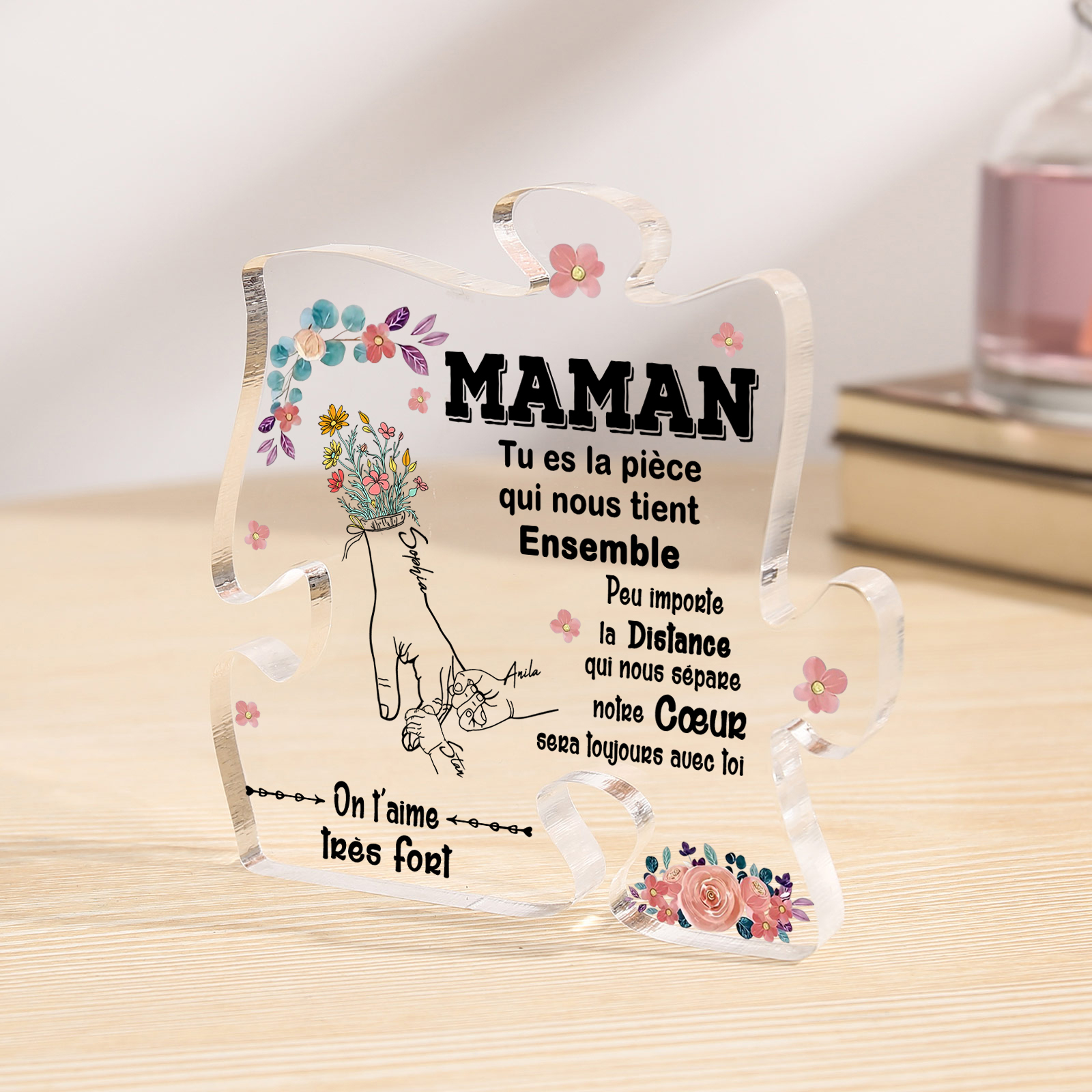À ma Maman - Plaque Acrylique en forme de Puzzle 3 Prénoms Personnalisés la Main dans la Main