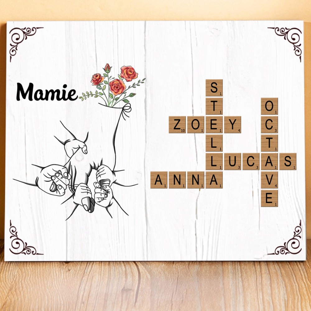 À Mamie - Cadre en Bois Grille de Mots Croisés 1-7 Prénoms Personnalisés Déco de Famille Cadeau Mamie | Jessemade