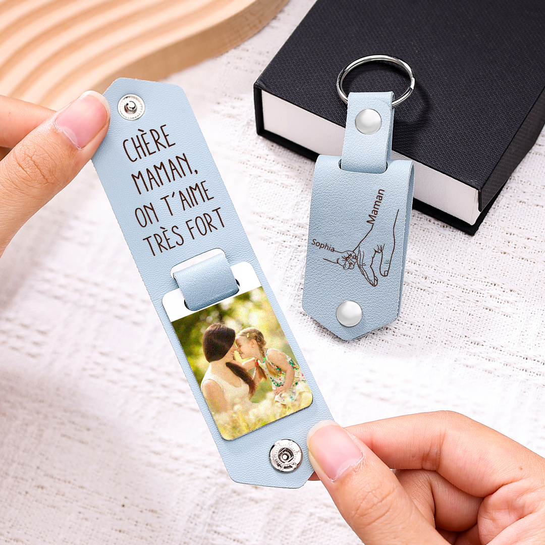 À ma Maman - Porte-Clés Cuir la Main dans la Main 1 Prénom Personnalisé avec Photo