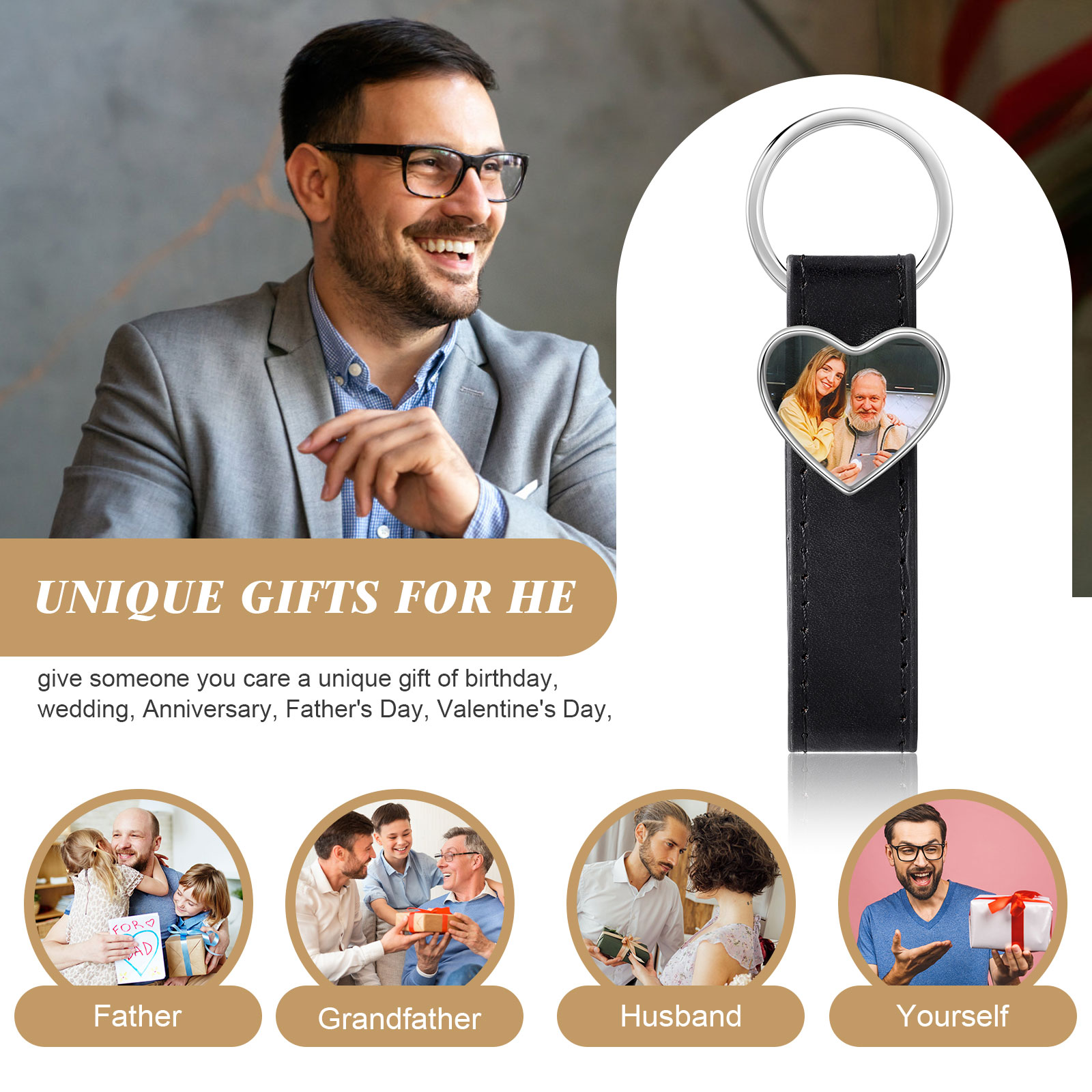 Porte-Clés Cuir PU Cœur Photo Personnalisée Porte-Clés Homme