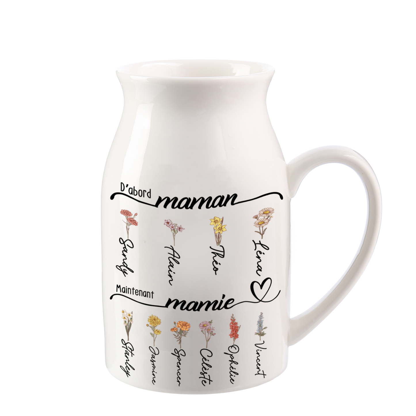 Vase à Fleurs 2-12 Prénoms Personnalisés avec Fleurs de Naissance Décoration de la Maison