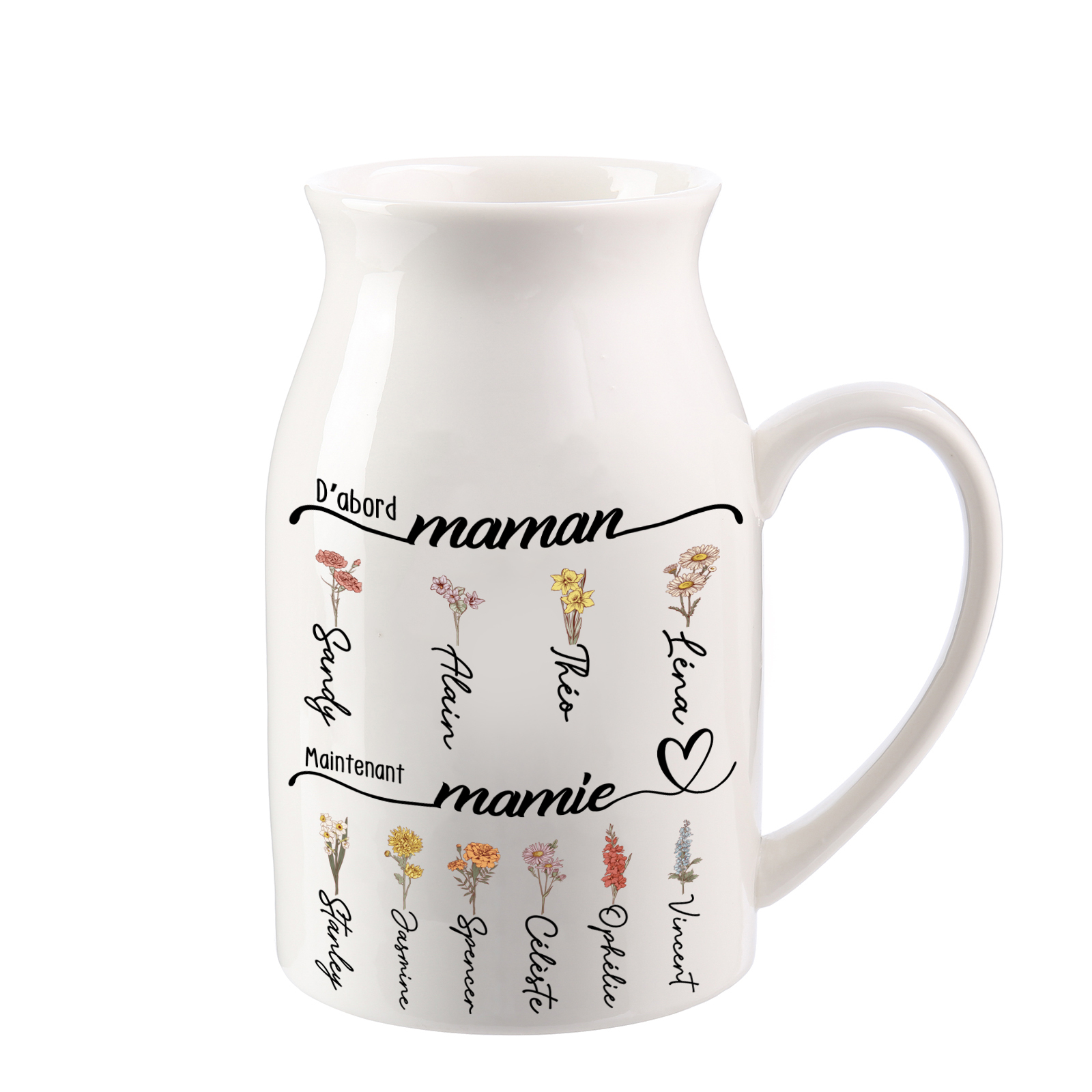 Vase à Fleurs 2-12 Prénoms Personnalisés avec Fleurs de Naissance Décoration de la Maison