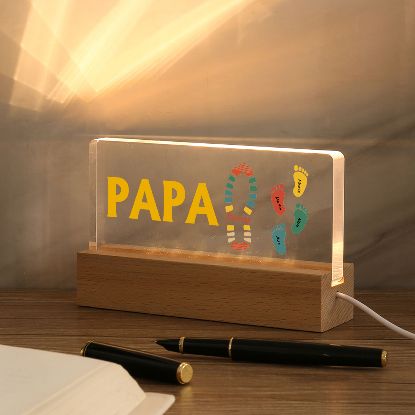 À mon Papa/Papi- Lampe de chevet LED Pieds Bébé 5 Prénoms Personnalisés avec Texte