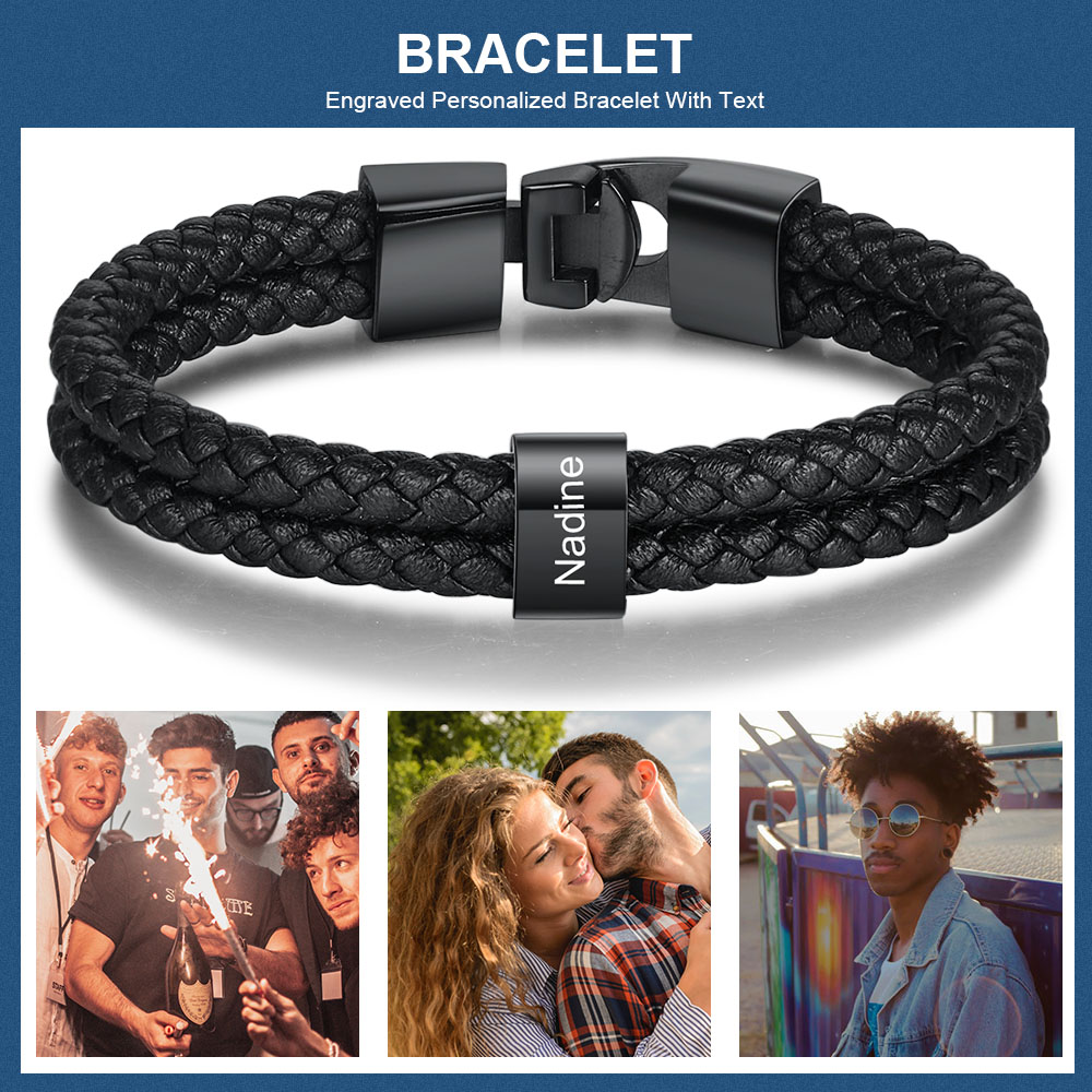 Bracelet Cuir tressé 1 Perles Prénom Personnalisé Bracelet Homme