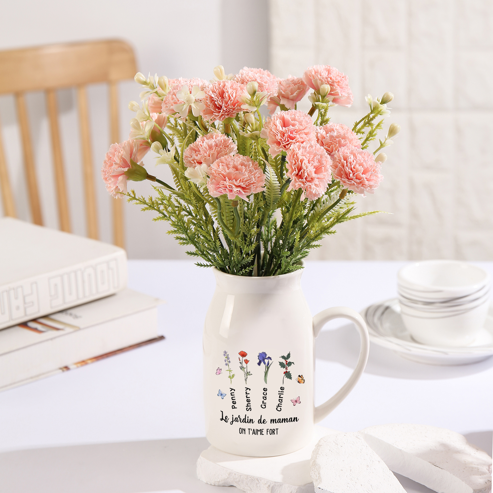 Vase à Fleurs Papillon 4 Prénoms et Fleurs de Naissance Personnalisés avec 2 Textes Décoration de la Maison