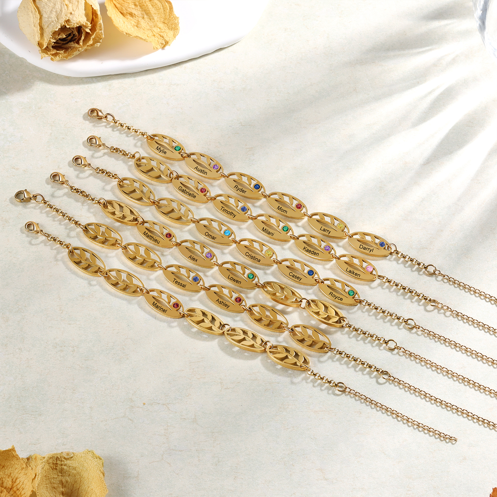 Bracelet Feuilles 6 Prénom Personnalisés avec 6 Pierre de Naissance