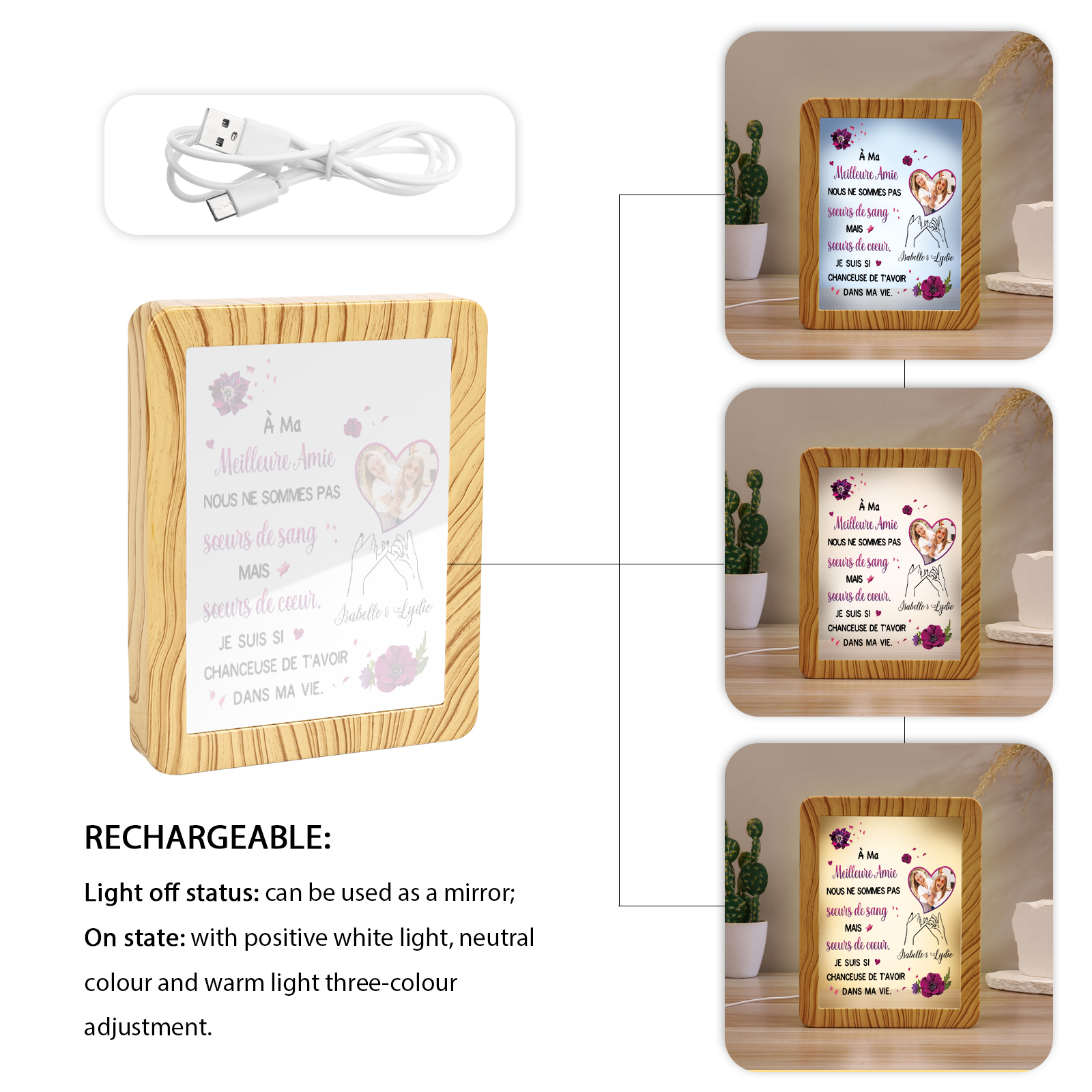À ma Meilleure Amie - Cadre Photo/Miroir LED multifonctionnel 2 Prénoms Personnalisés avec 1 Photo