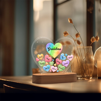 À Maman/Mamie - Lampe de chevet LED Cœurs 10 Prénoms Personnalisés avec 1 Texte