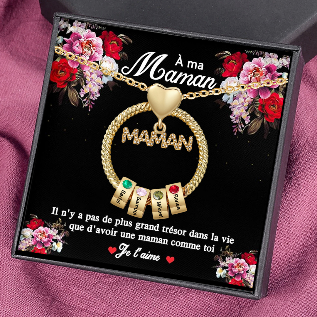 À ma Maman - Collier Pendentif 4 Prénoms Personnalisés avec Pierre de naissance