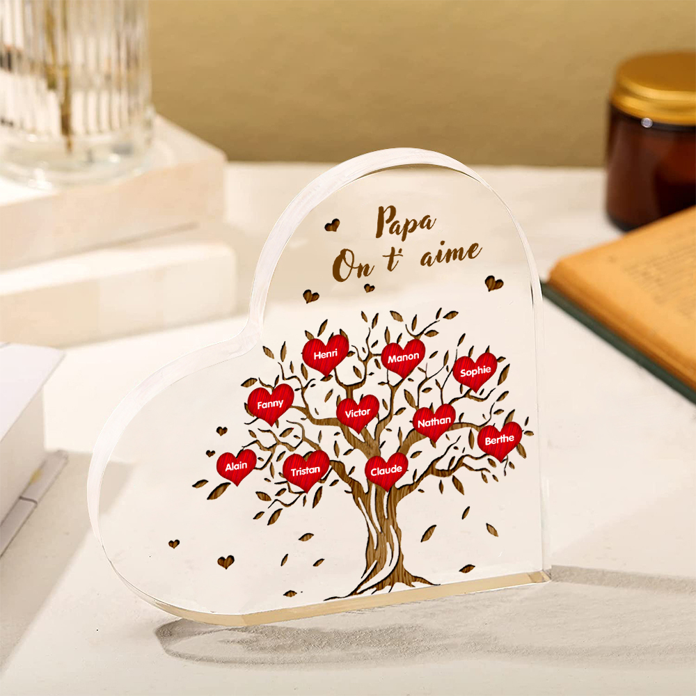 Plaque Acrylique en Forme de Cœur Arbre de vie Arbre généalogique 10 Prénoms Personnalisés avec Texte | Jessemade