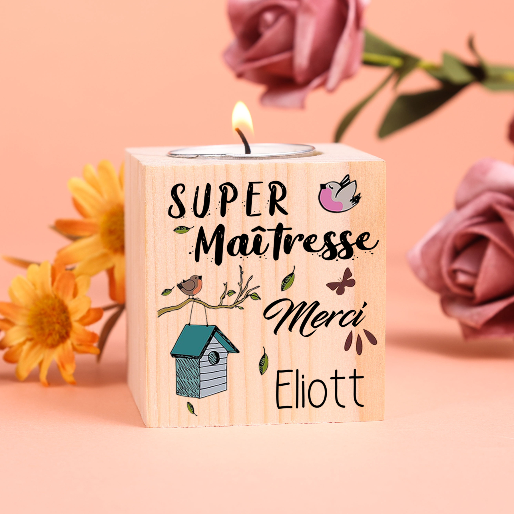 Bougeoir en bois personnalisable Super Maîtresse avec prénom, cadeau merci | Jessemade