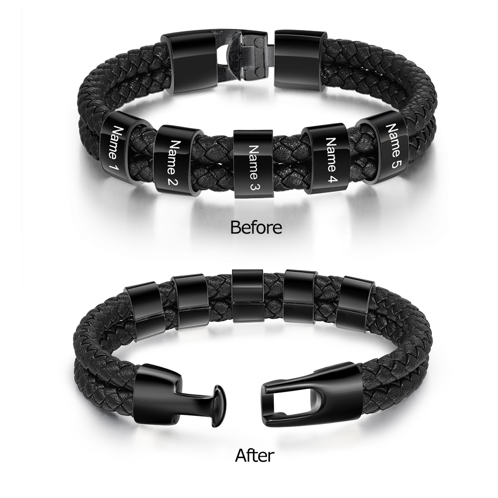 À mon Papa - Bracelet Cuir tressé 5 Perles et Prénoms Personnalisés Bracelet Hommes