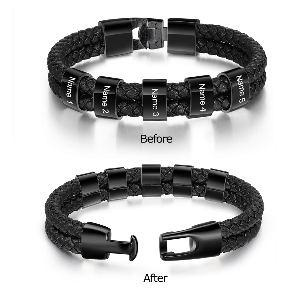 À mon homme - Bracelet en cuir tressé à perles personnalisé pour petit-ami / mari avec 5 prénoms gravés