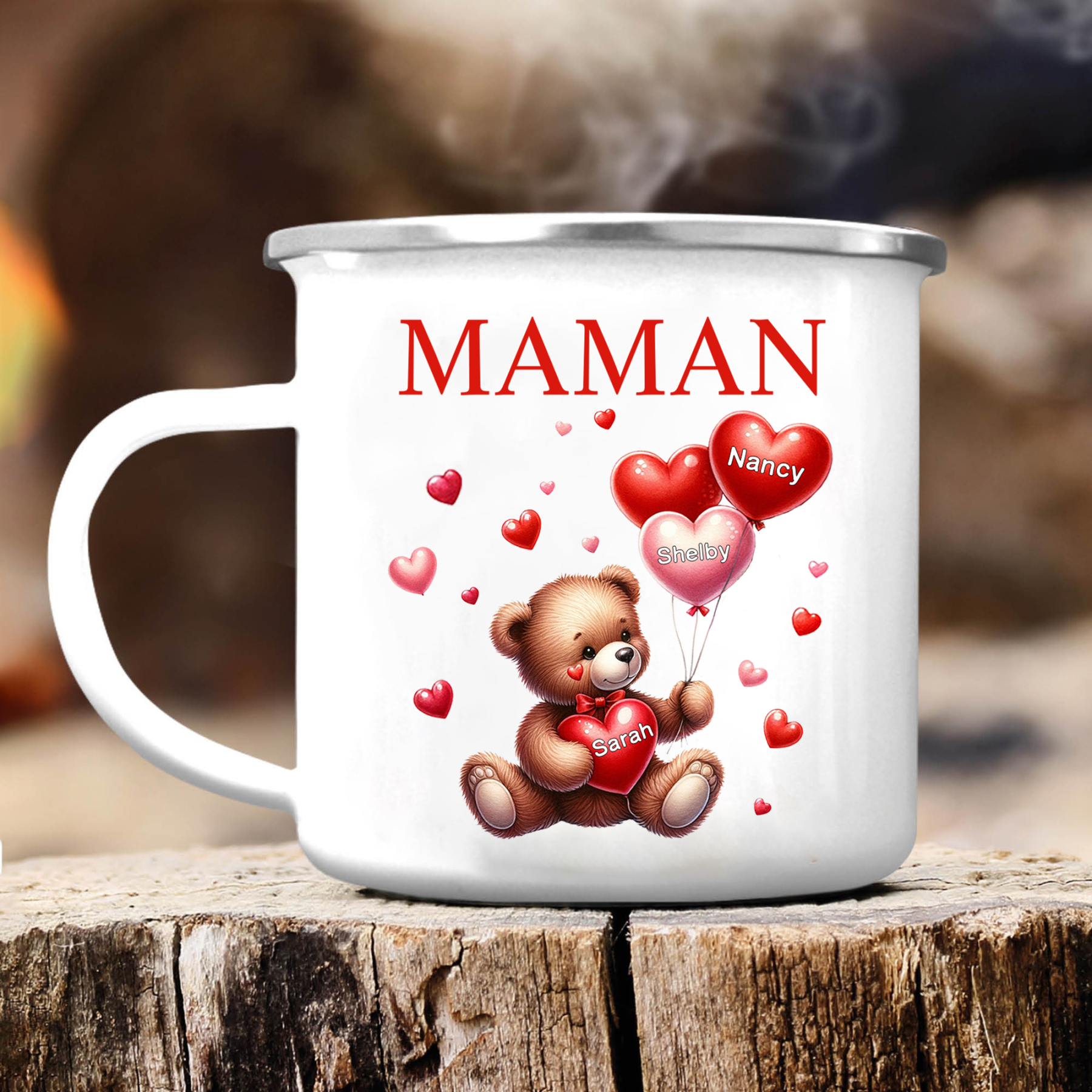 À Maman/Mamie - Tasse émaillée Ours 3 Prénoms Personnalisés