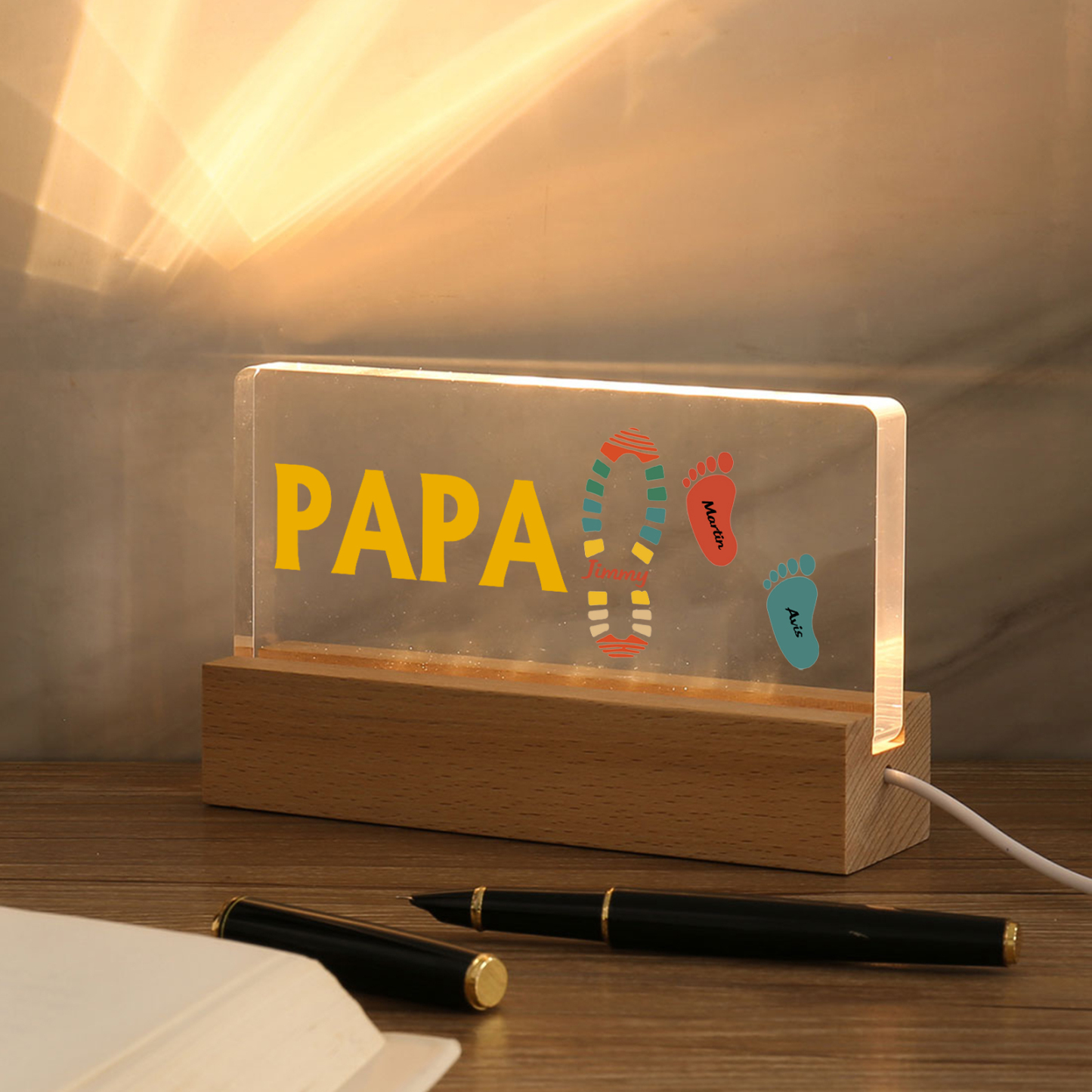 À mon Papa/Papi- Lampe de chevet LED Pieds Bébé 3 Prénoms Personnalisés avec Texte