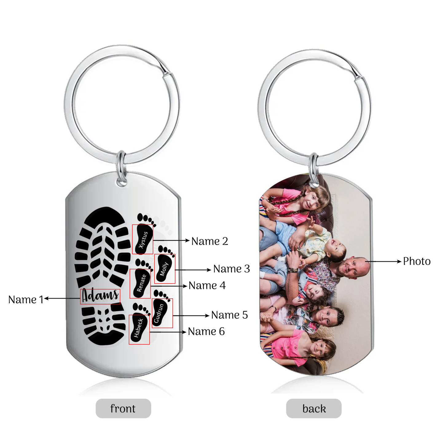 À Papa/Papi - Porte-Clés Pieds Bébé 6 Prénoms Personnalisés avec Photo pour Famille