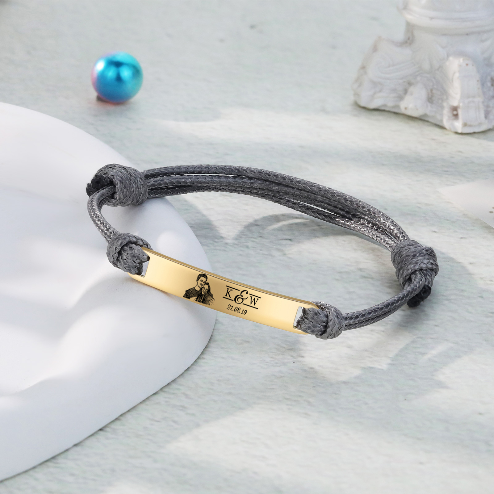 Bracelet Initiale 2 Lettres Personnalisées avec Photo et Date pour Couple｜Jessemade