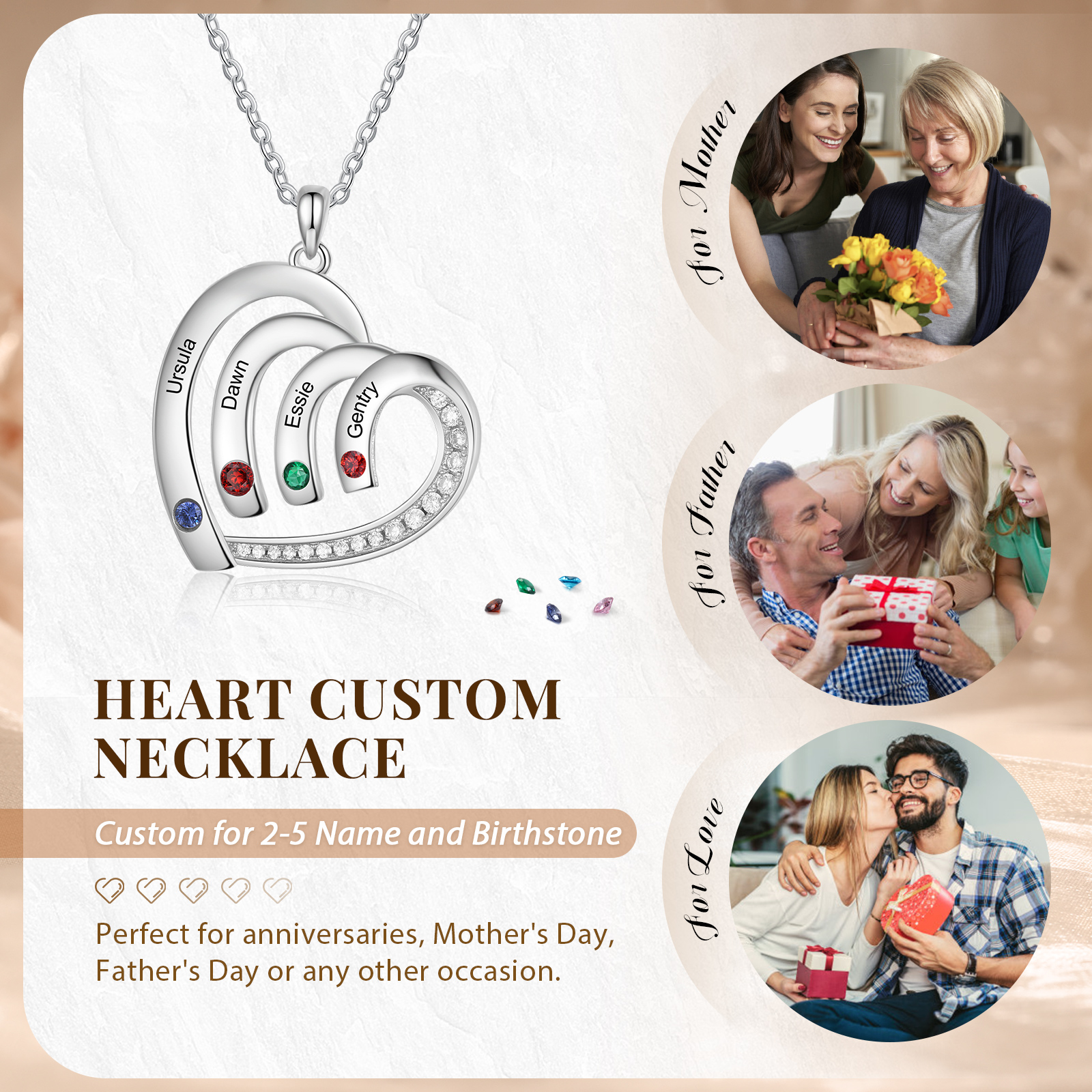 Collier Pendentif Cœur 4 Prénoms Personnalisés avec Pierre de naissance pour Femmes