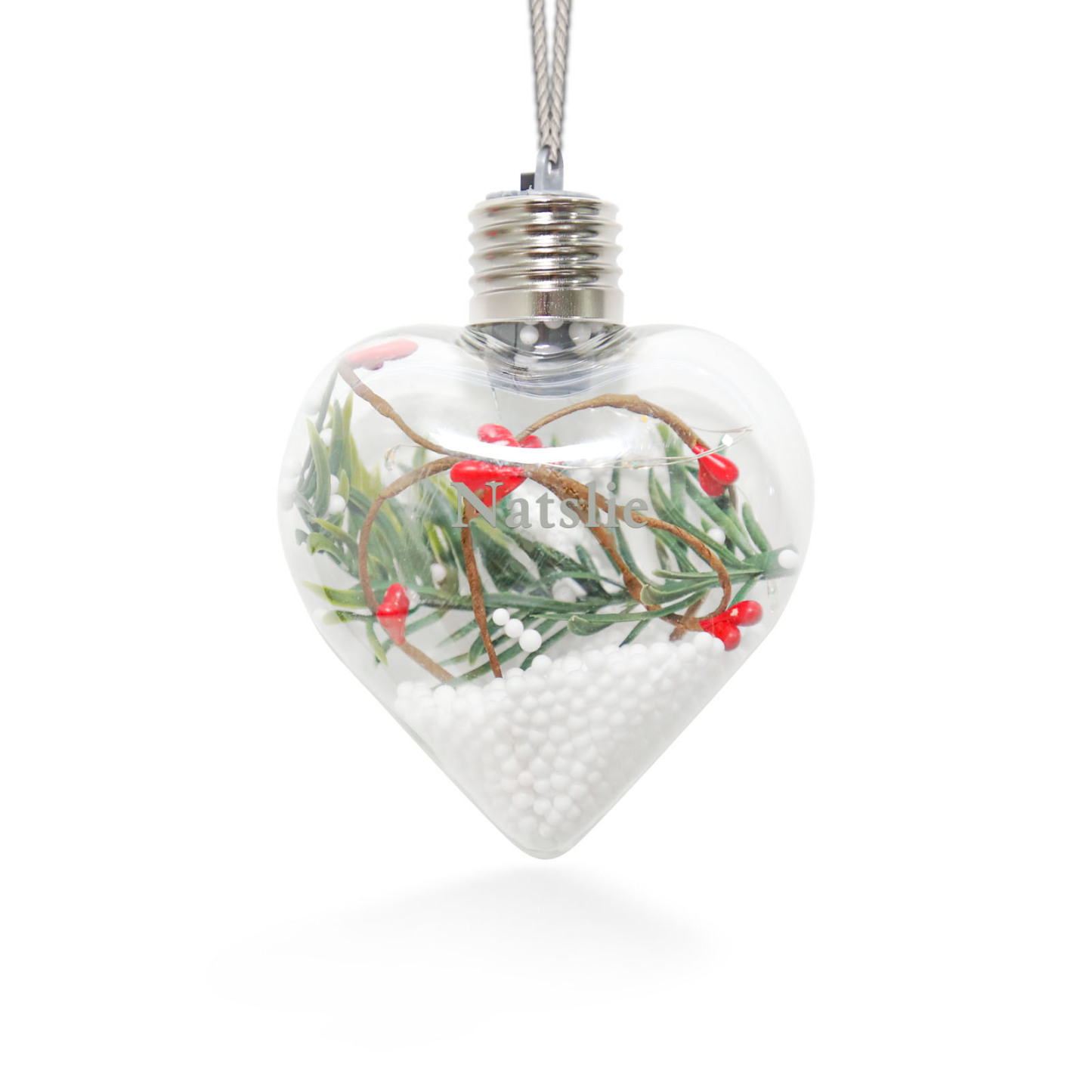 Ornements de Boule transparente Cœur de Noël avec lumières LED texte P