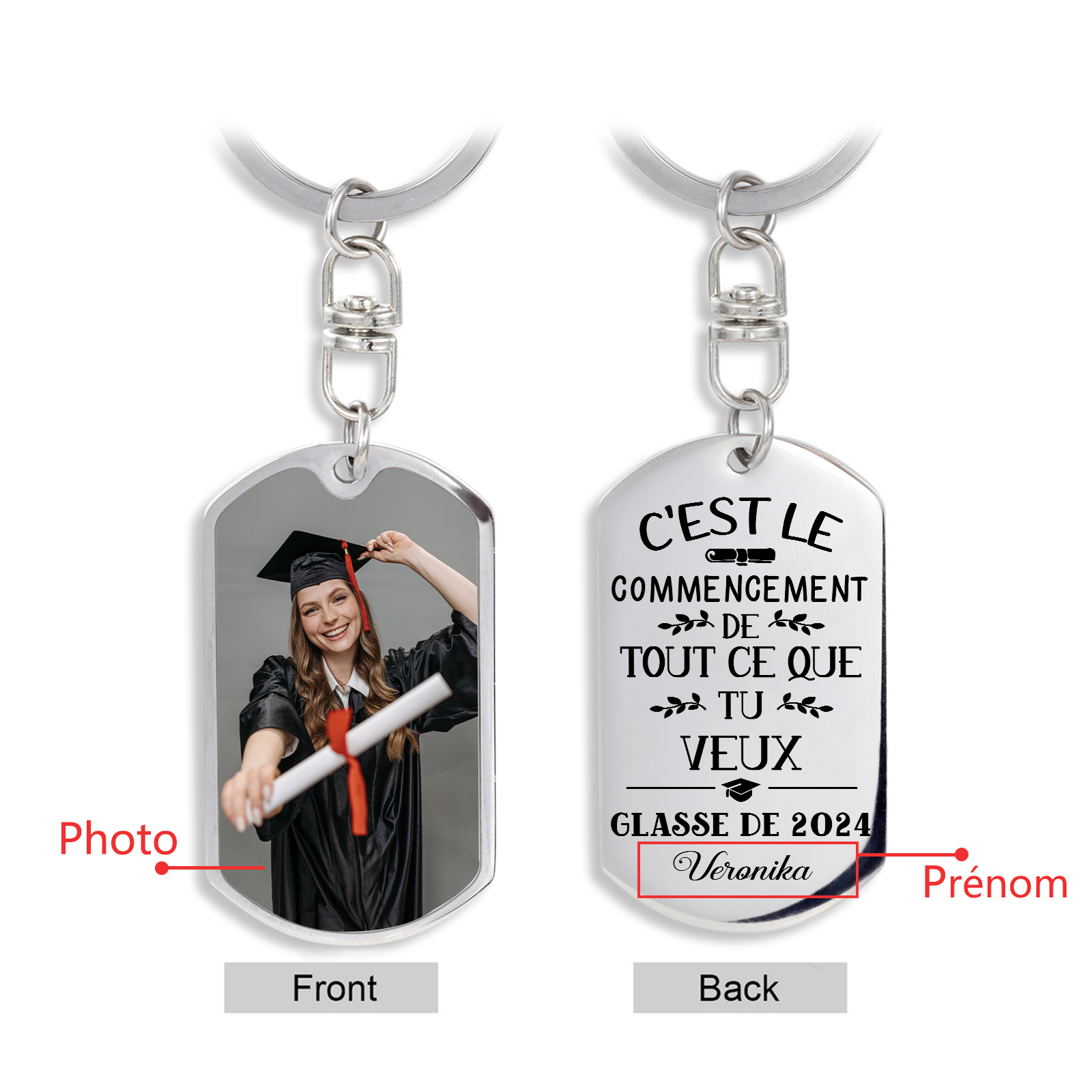 Diplômé 2024 Porte-Clés 1 Prénom et Photo Personnalisé  Cadeau pour fêter un Diplômé 