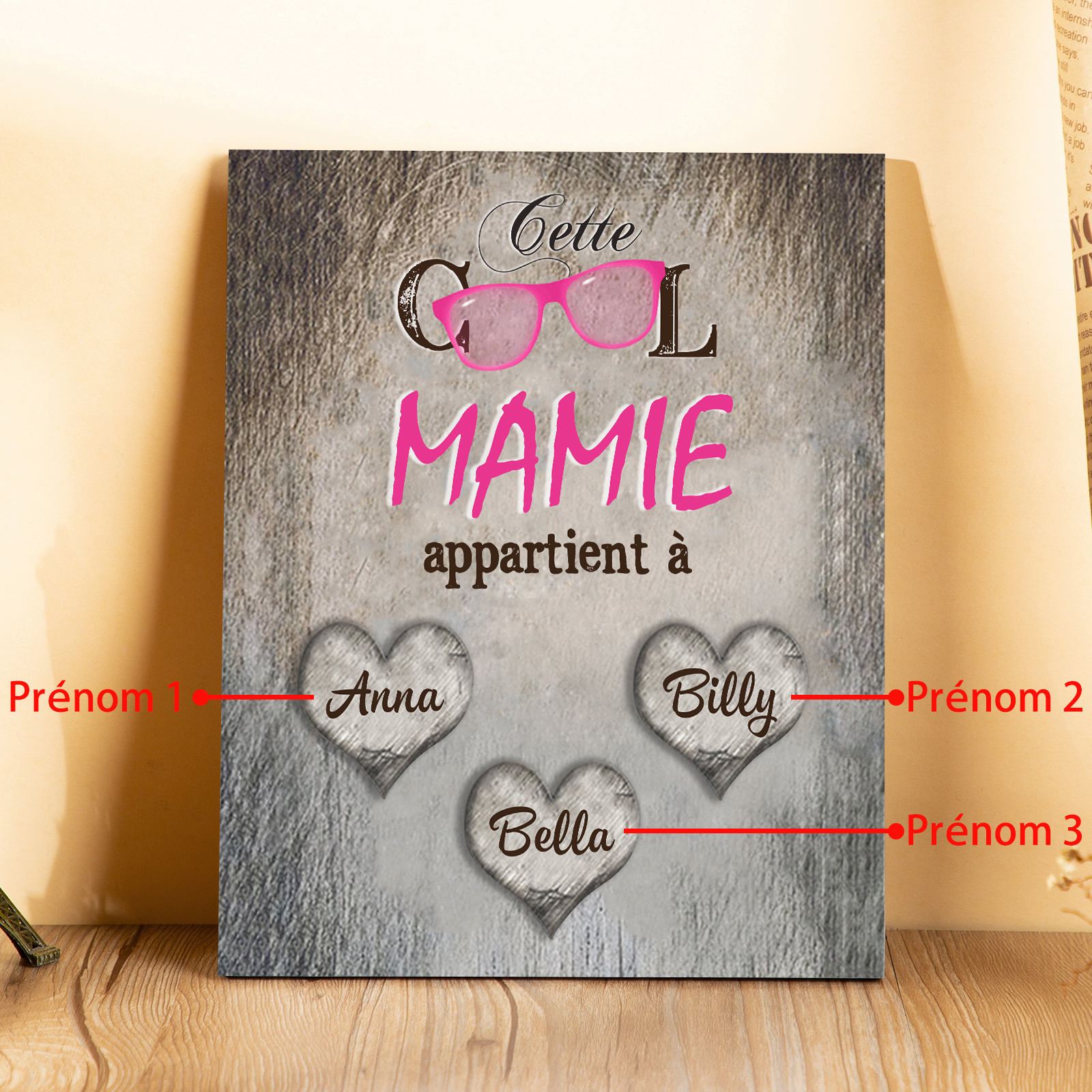À ma Mamie - Cadre en Bois 3 Prénoms Personnalisés cadeau pour Mamie