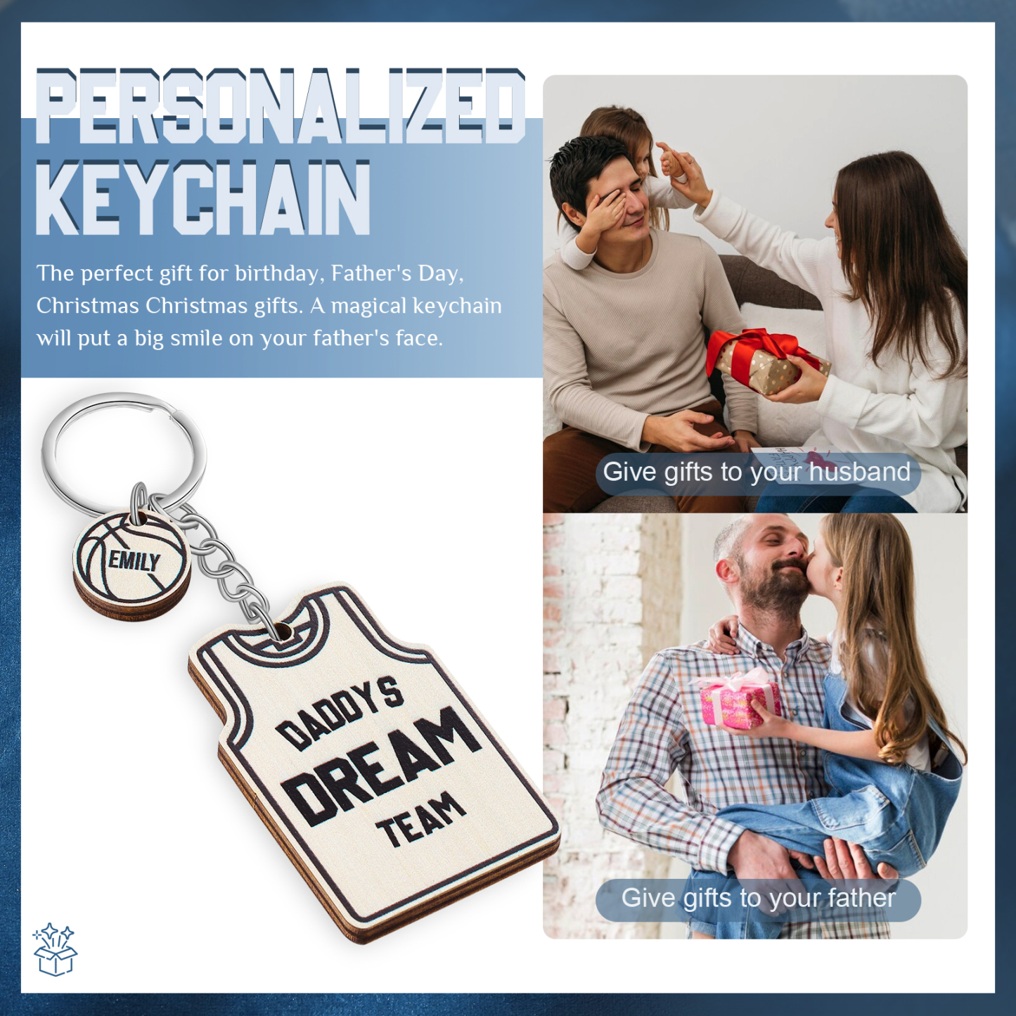 À mon Papa - Porte-Clés en Bois Basket-Ball 1 Prénom Personnalisé avec Texte