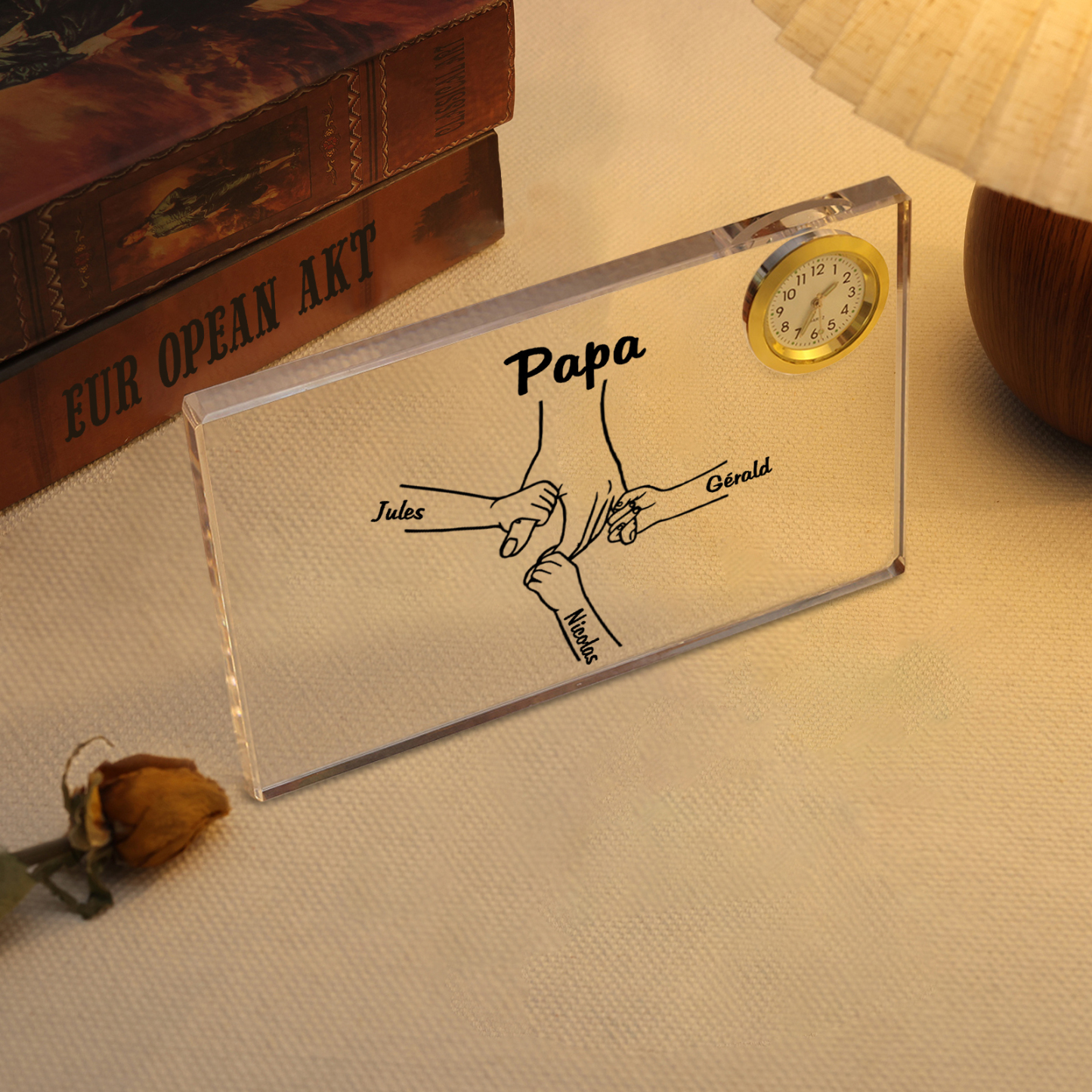 À mon Papa - Plaque Acrylique rectangle avec Horloge la main dans la main 3 Prénoms Personnalisés