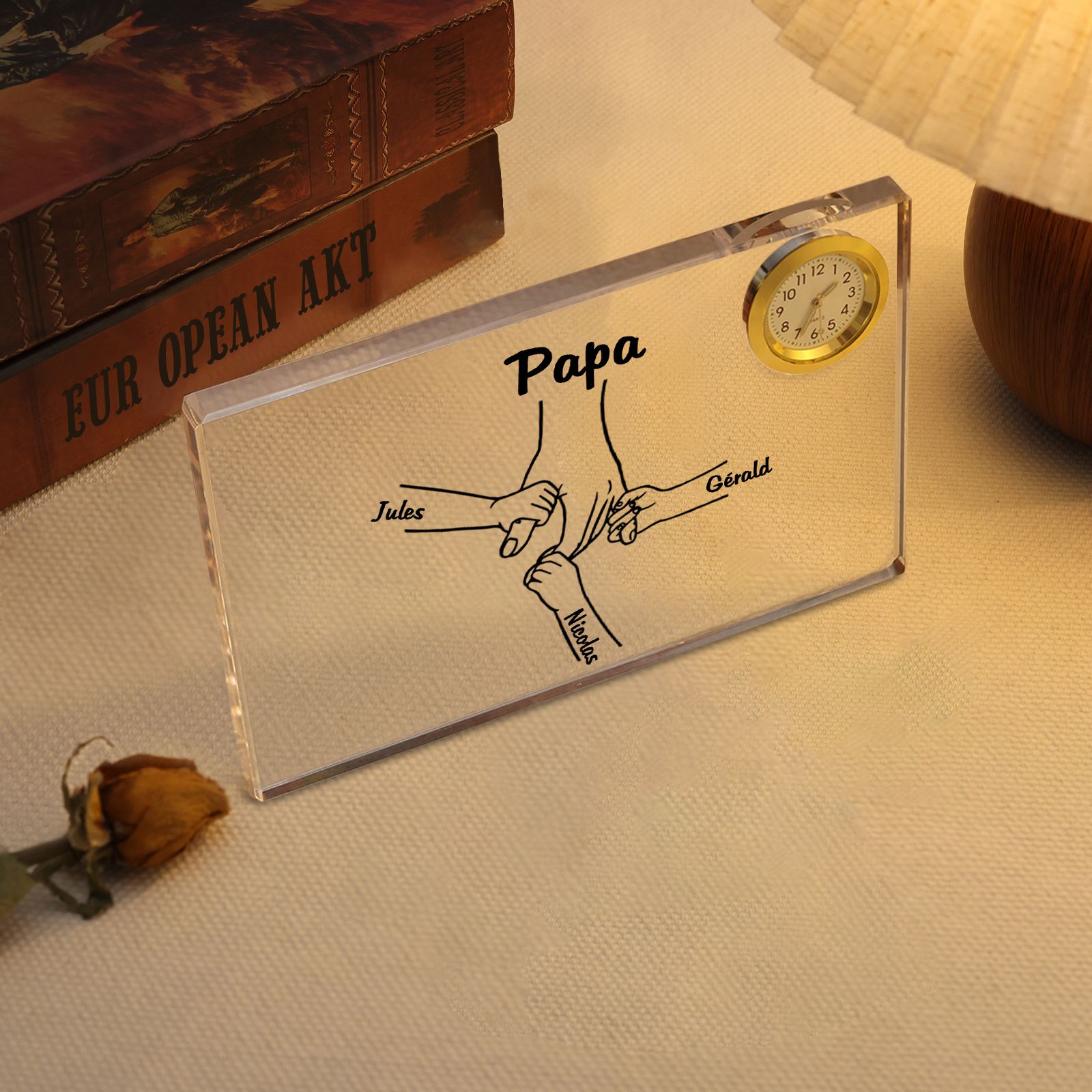 À mon Papa - Plaque Acrylique rectangle avec Horloge la main dans la main 3 Prénoms Personnalisés