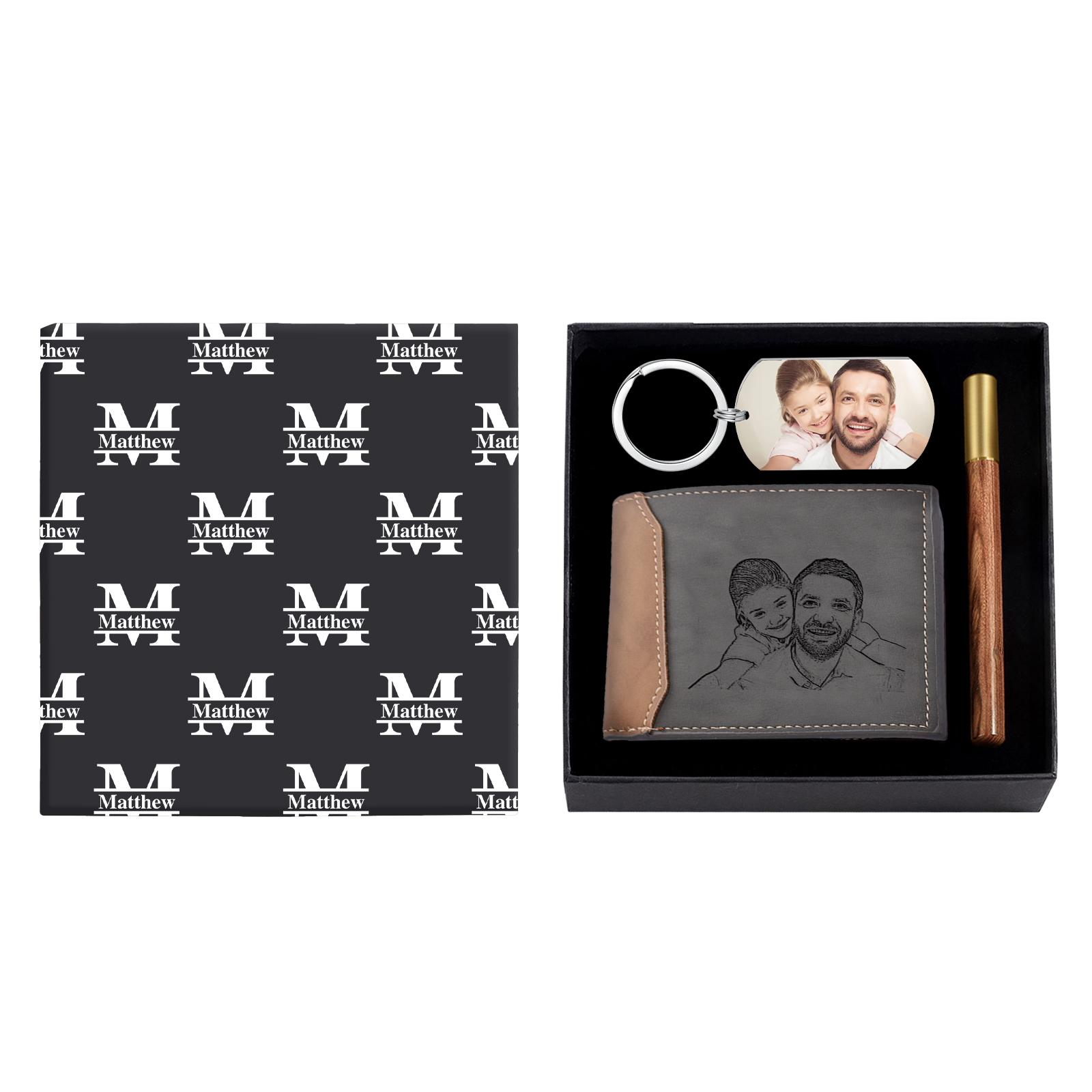 Coffret Cadeau 3PCS - Portefeuille classique Porte-Clés et Stylo 1 Prénom Lettre et Date Personnalisés avec 2 Photos et Textes pour Homme