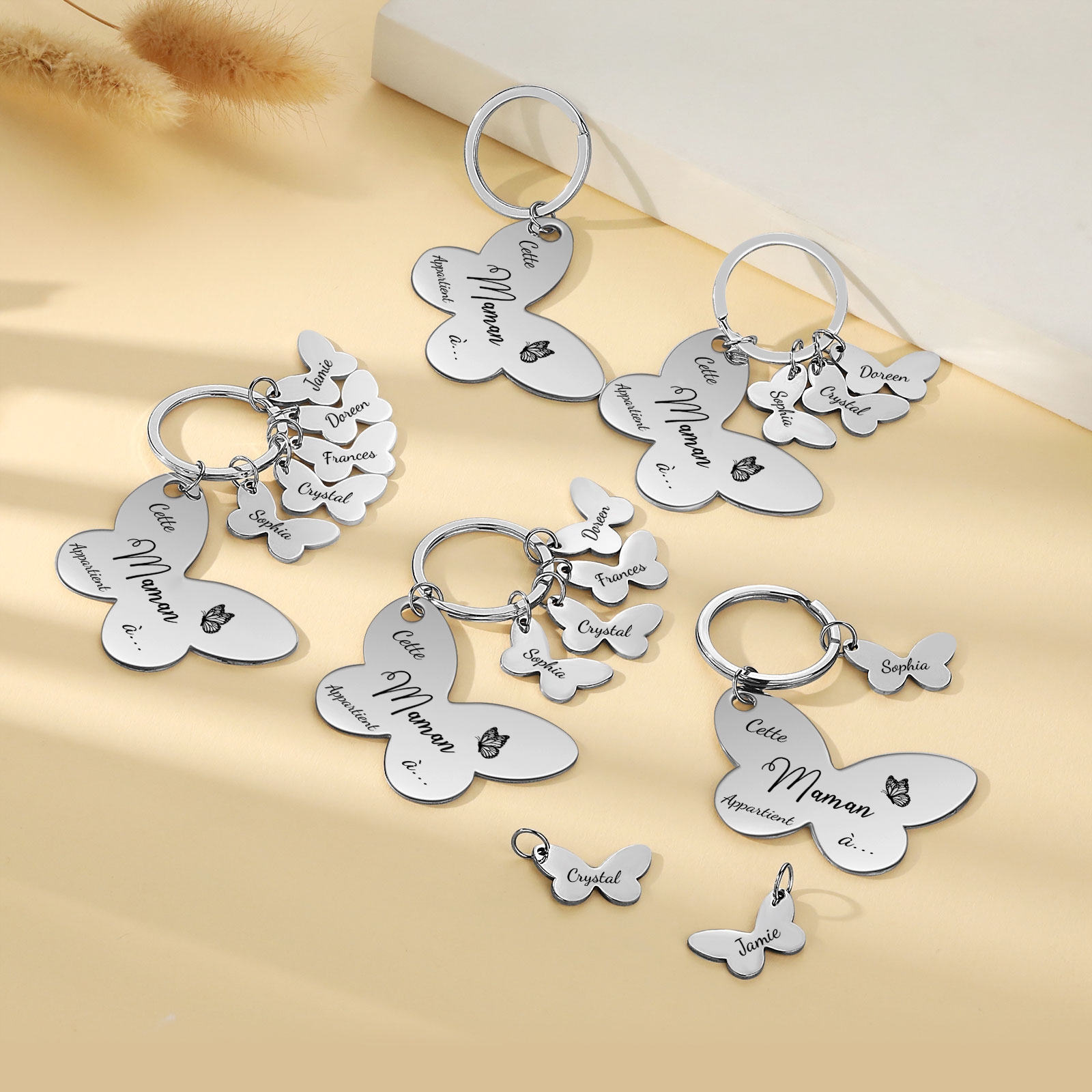 À Maman/Mamie - Porte-Clés Papillon 4 Prénoms Personnalisés avec Texte 