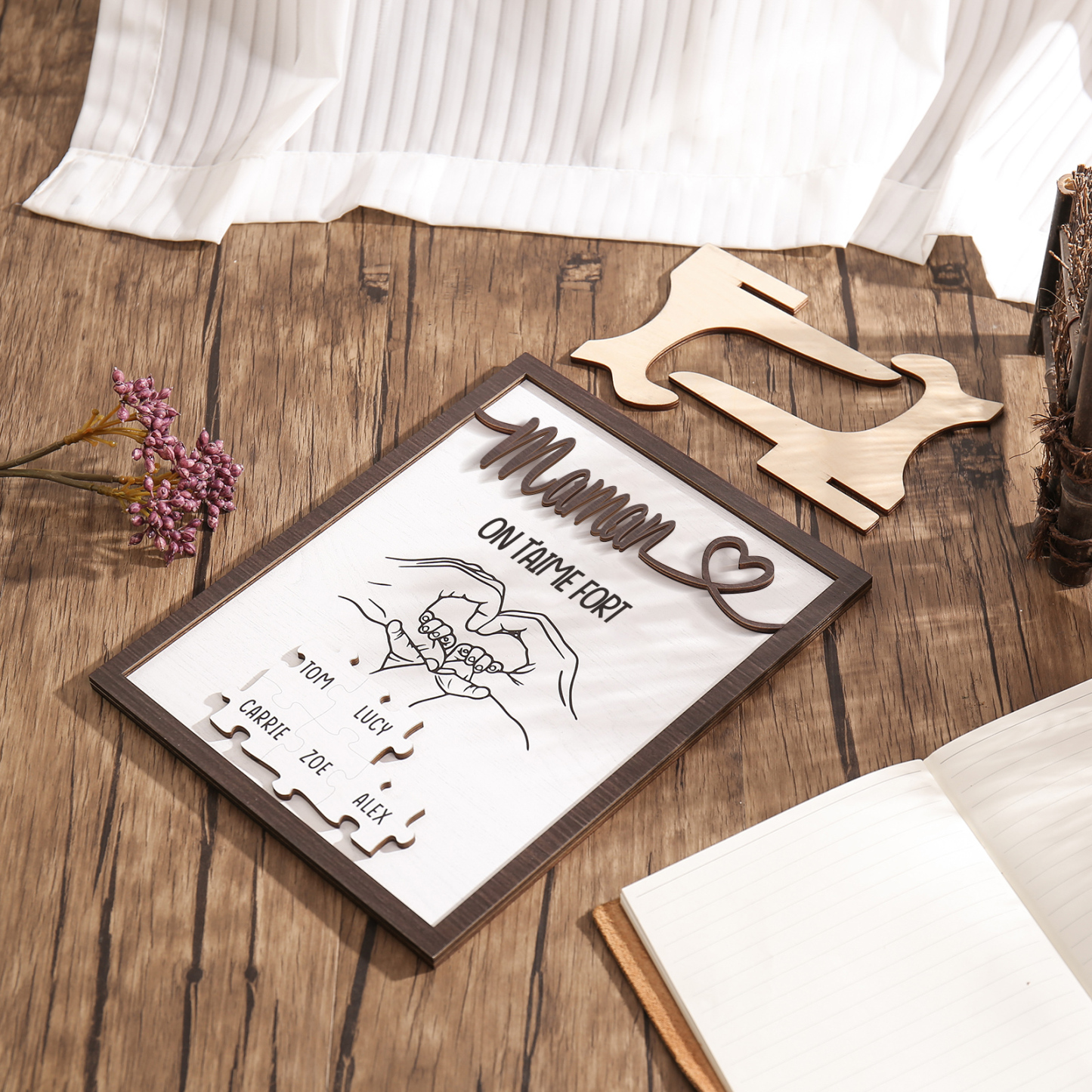 À Maman - Décoration en bois Mains et Puzzles 5 Prénoms et 1 Texte Personnalisés Ornement Famille