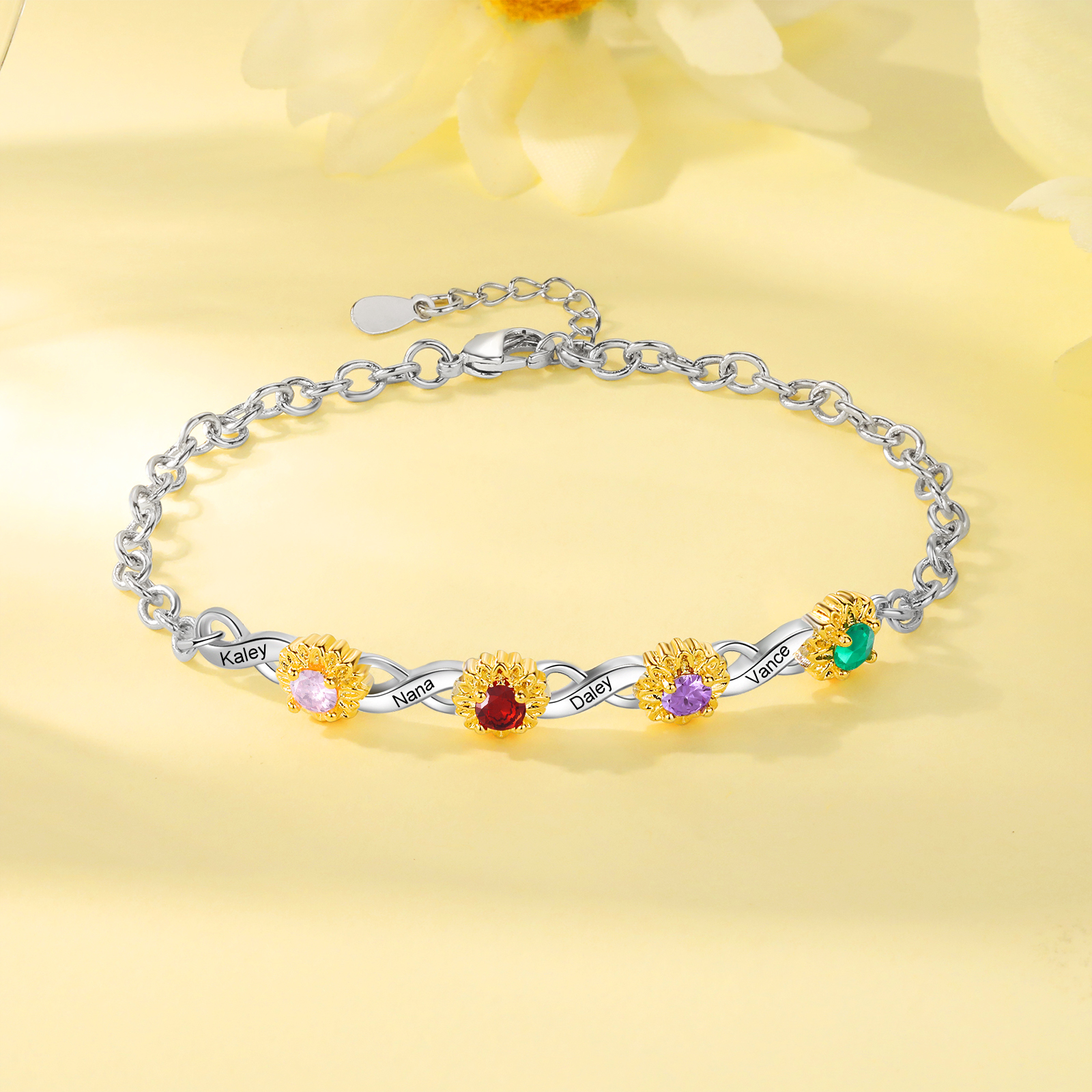Bracelet Fleurs 4 Prénoms Personnalisés avec 4 Pierres de Naissance pour Femme