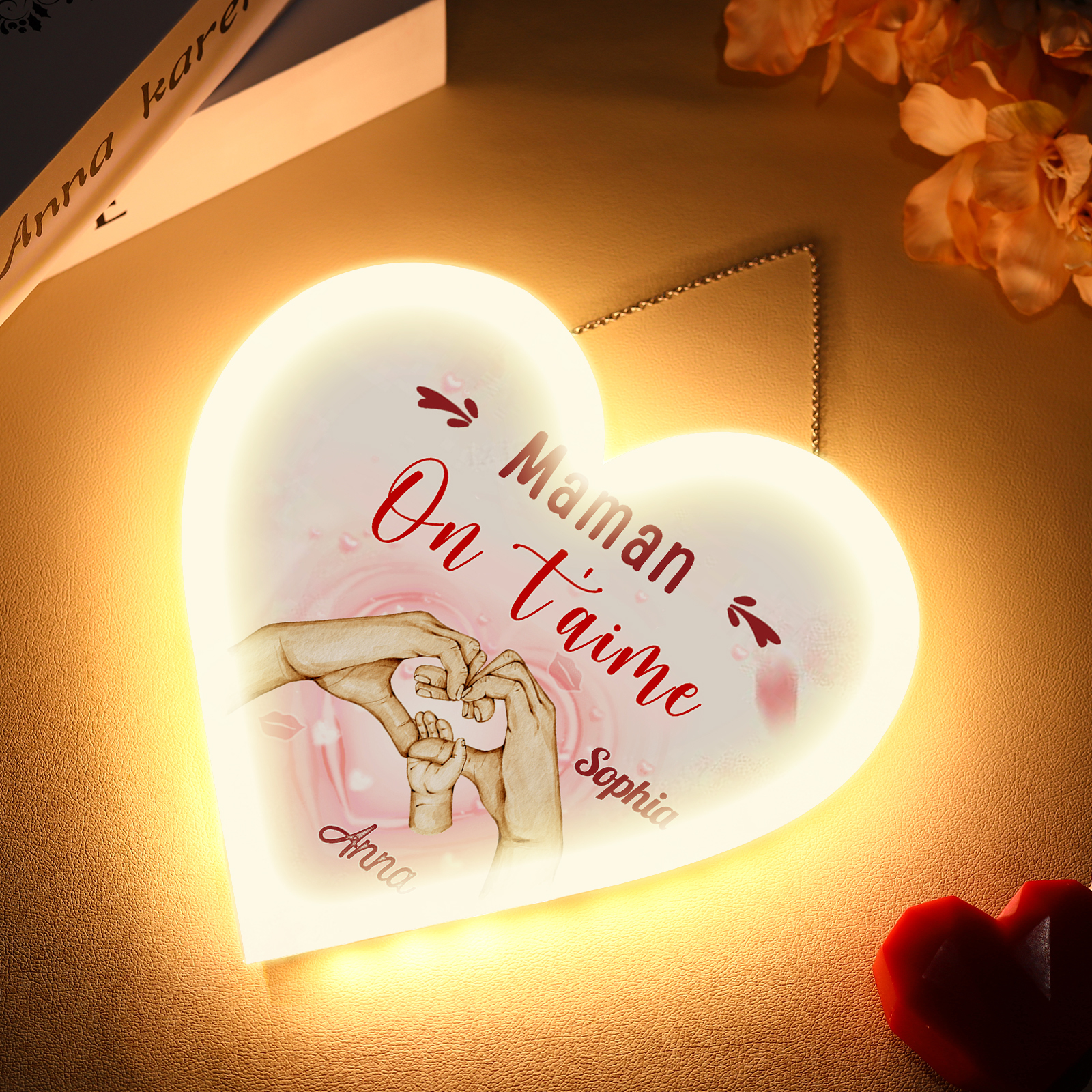 À Maman/Mamie - Veilleuse Cœur Décoration Mains et Enfants 2 Prénoms Personnalisés avec Texte
