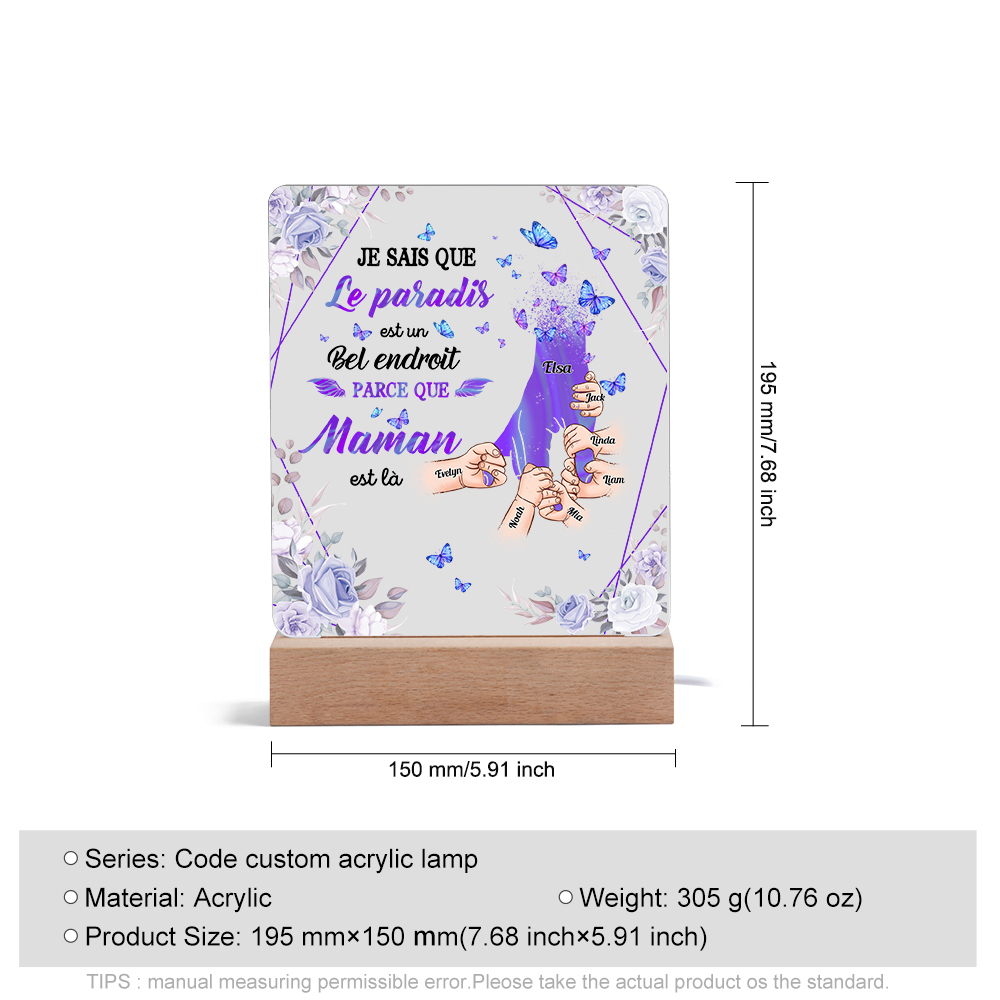 À Maman/Papa - Lampe de chevet LED Commémorative 7 Prénoms Personnalisés avec 1 Texte Lampe de chevet la main dans la main