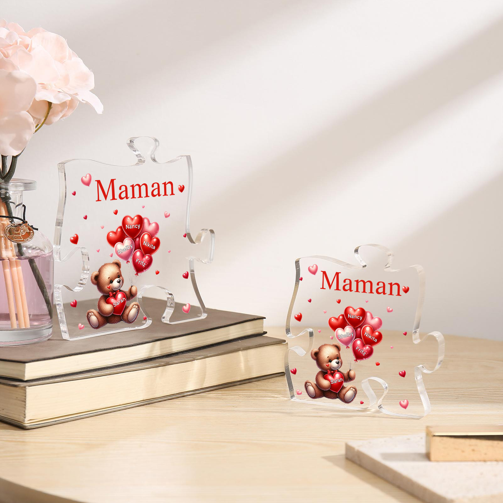 Plaque Acrylique en forme de Puzzle Ours 5 Prénoms et 1 Texte Personnalisés